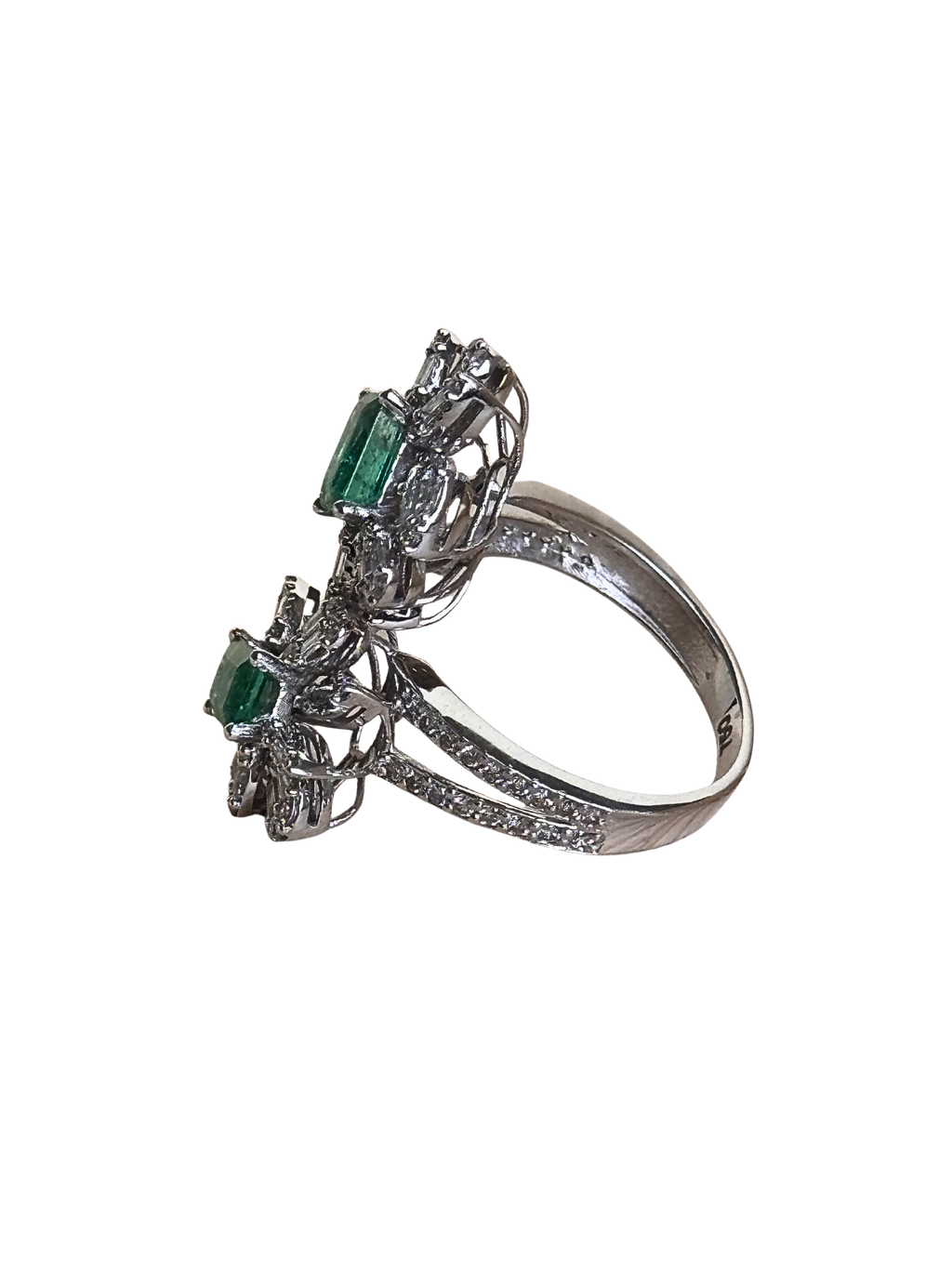 Aurora - 18K White Gold Modern Double Flower Emerald & Diamond Ring