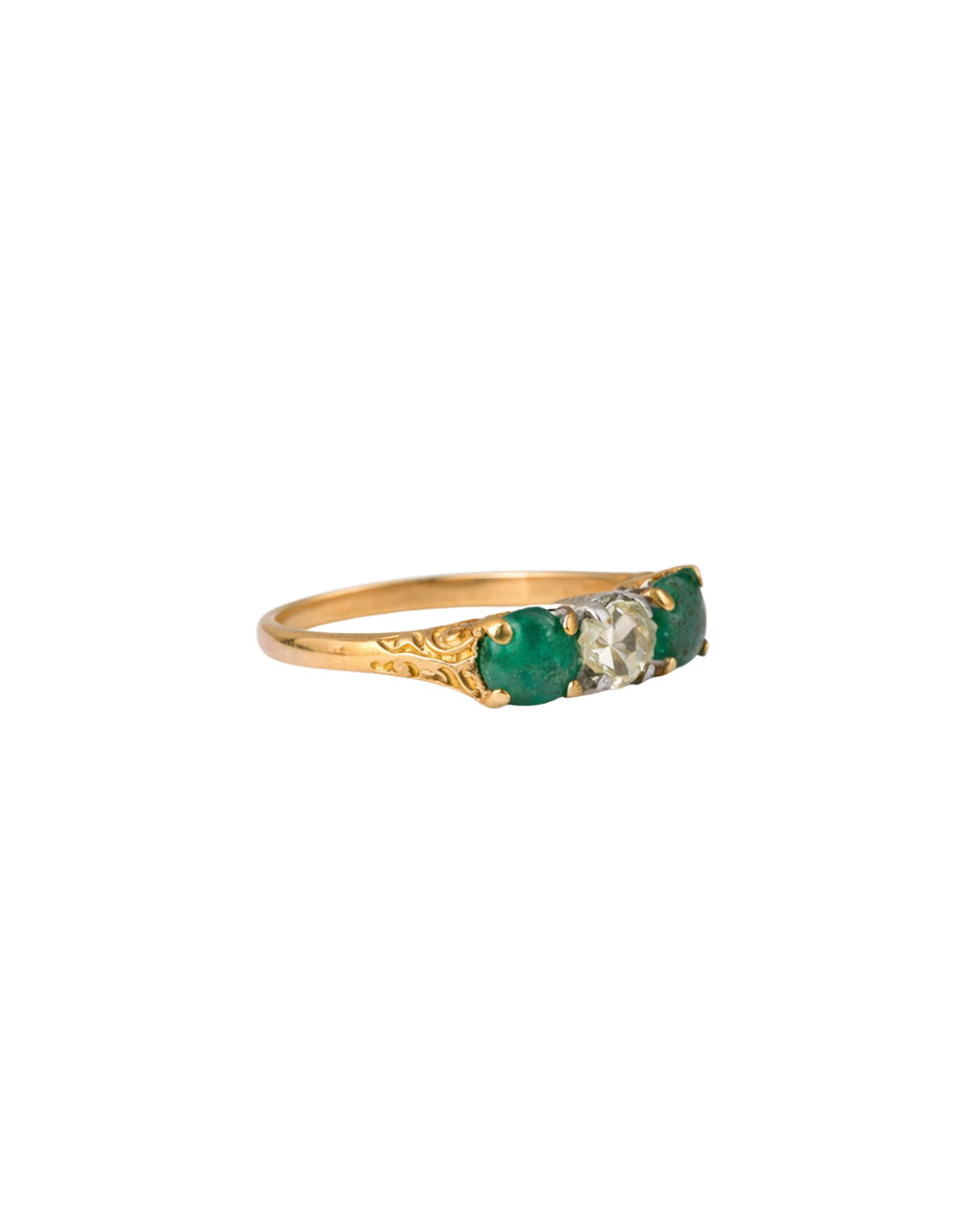 Élise - Antique 14K Yellow & White Gold Diamond & Emerald Three-Stone Ring