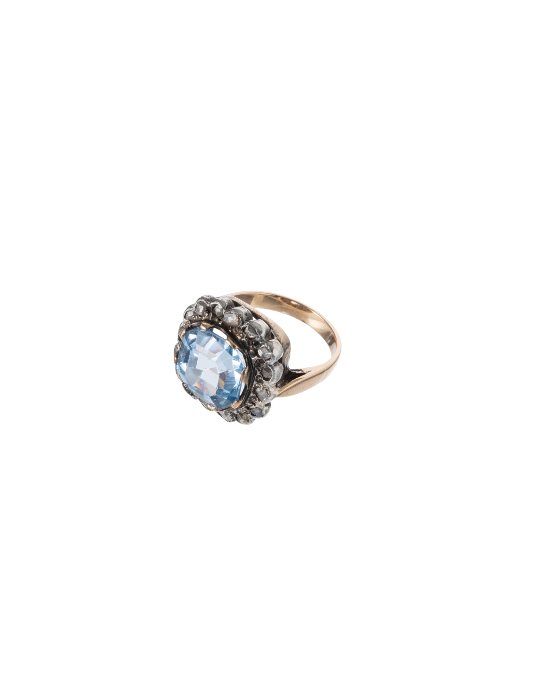 Augusta - Antique 18K Yellow Gold & Silver Blue Stone & Diamonds Cluster Ring