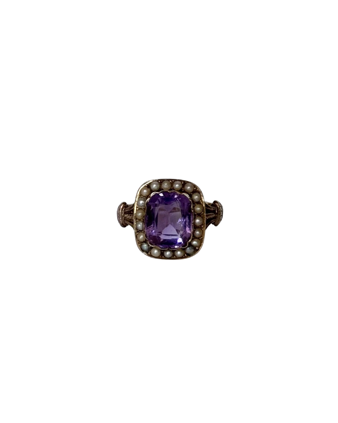 Elisabeth - Antique 18K Gold Ring with Cushion-Cut Amethyst & Half Pearls