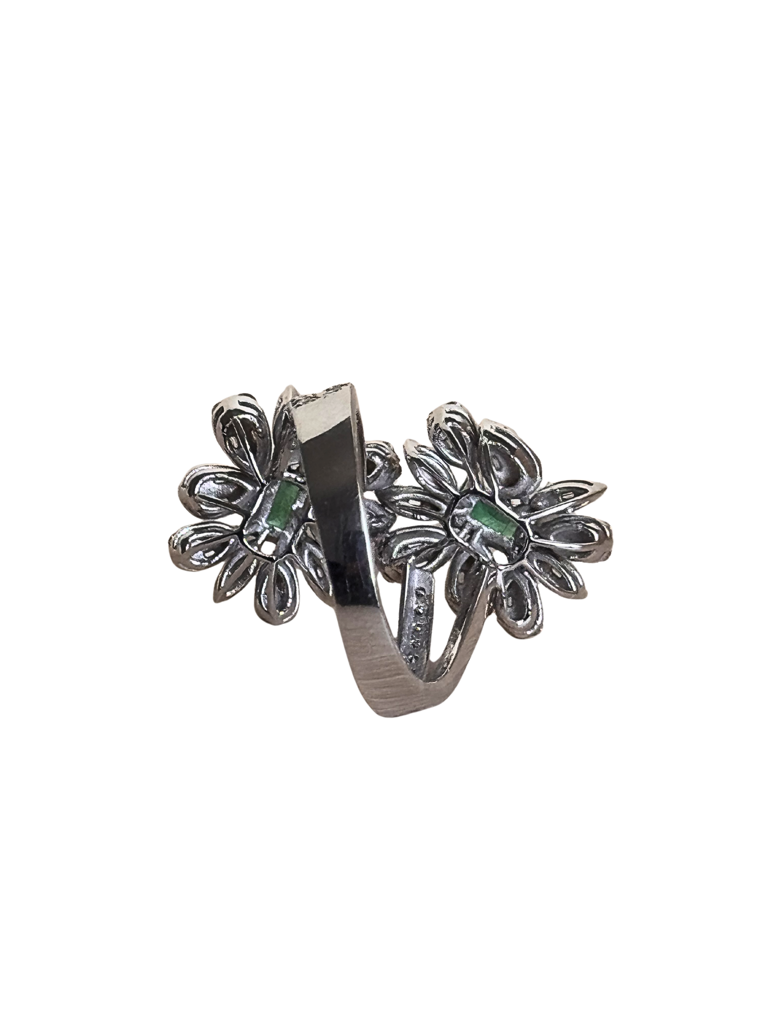 Aurora - 18K White Gold Modern Double Flower Emerald & Diamond Ring