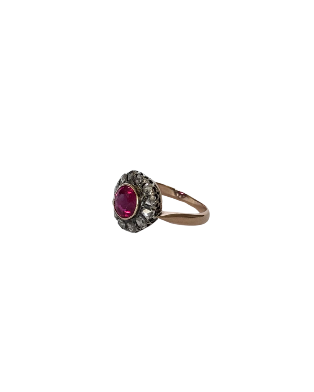 Eugénie - Antique 14K Gold & Silver Ruby & Diamond Cluster Ring