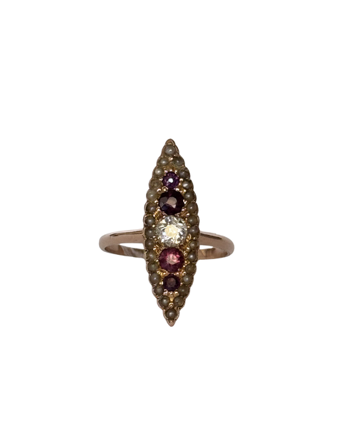 Clémentine - Antique 18K Rose Gold Diamond, Pearl & Garnet Navette Ring