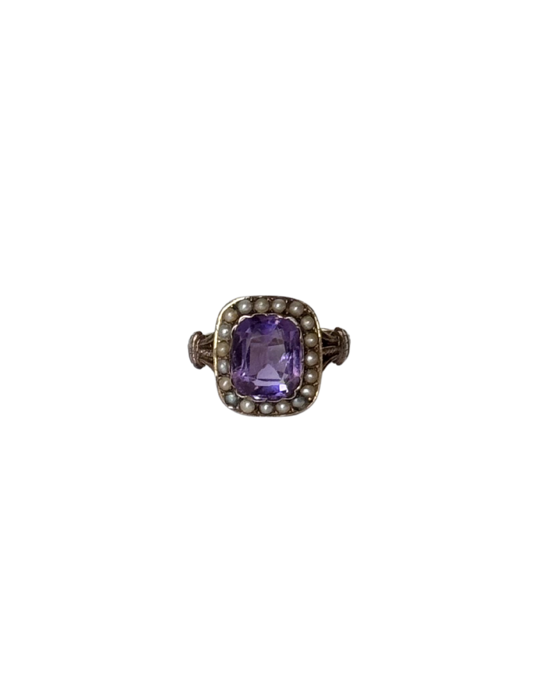 Elisabeth - Antique 18K Gold Ring with Cushion-Cut Amethyst & Half Pearls