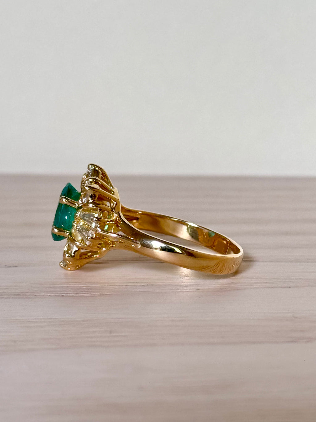 Léonie - Vintage 18K Yellow Gold Oval Emerald & Diamond Cluster Ring