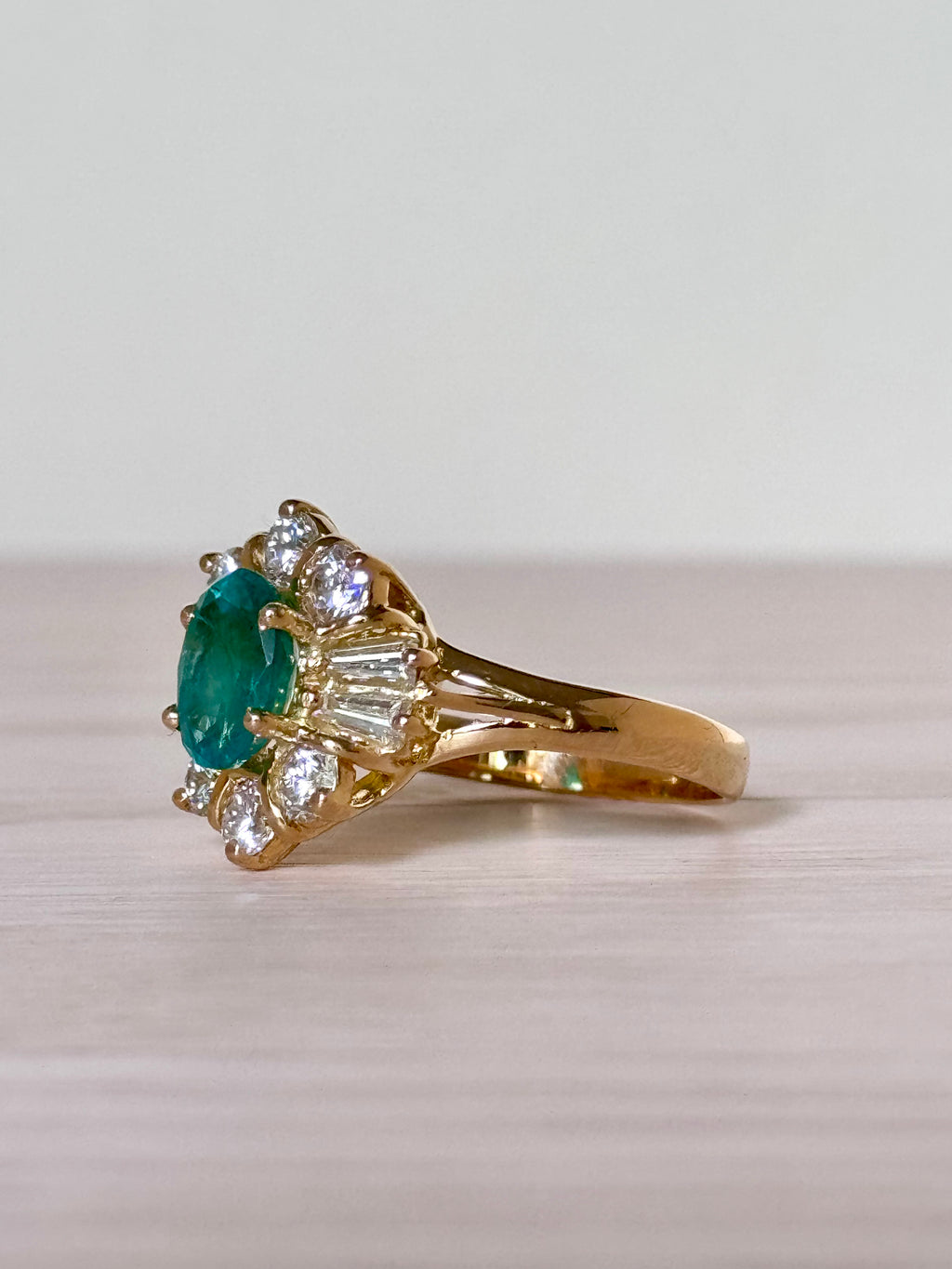 Léonie - Vintage 18K Yellow Gold Oval Emerald & Diamond Cluster Ring