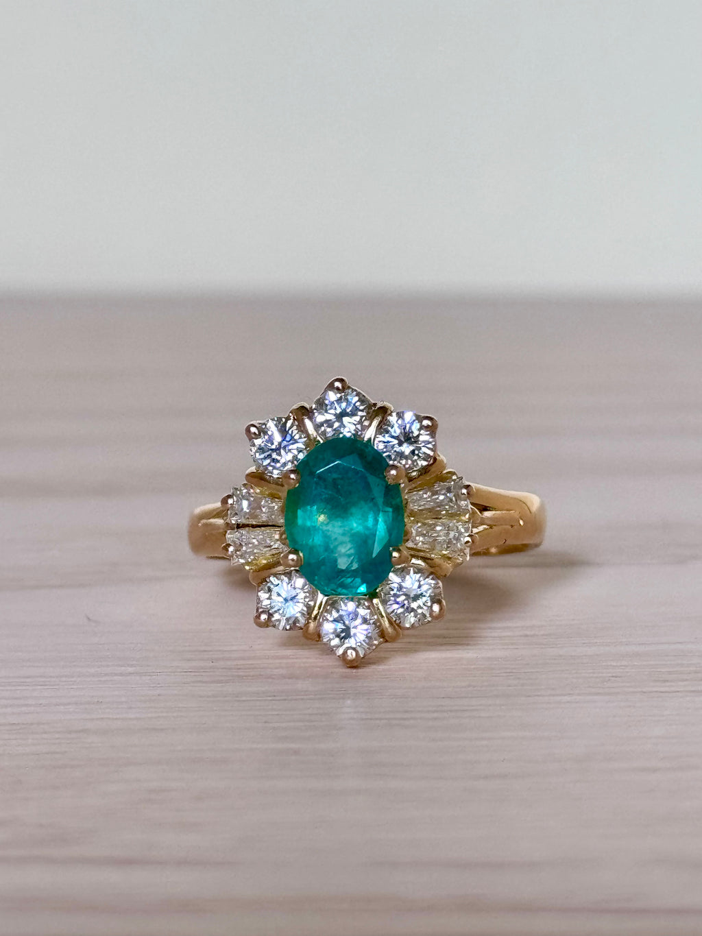 Léonie - Vintage 18K Yellow Gold Oval Emerald & Diamond Cluster Ring