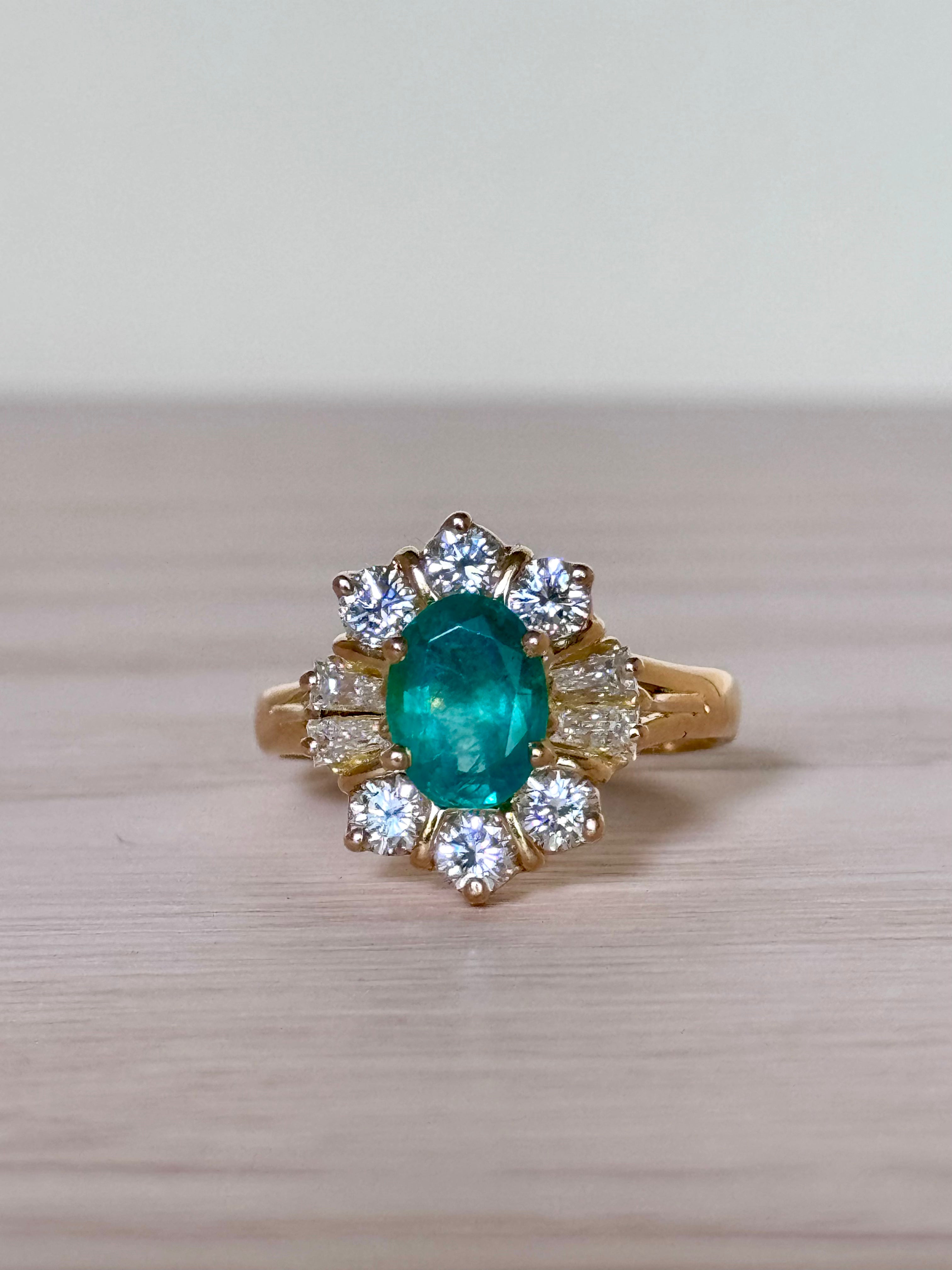 Léonie - Vintage 18K Yellow Gold Oval Emerald & Diamond Cluster Ring