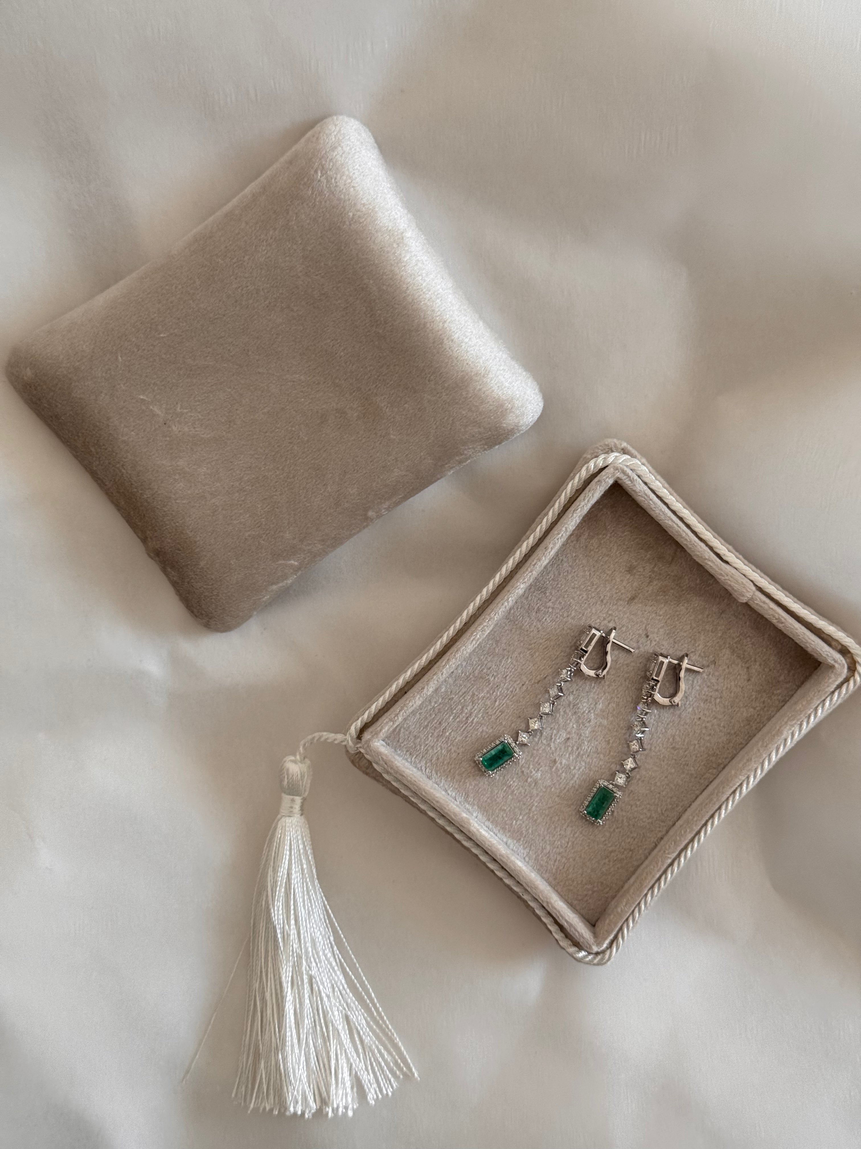 Isadora - Modern 18K White Gold Emerald & Diamond Long Drop Earrings