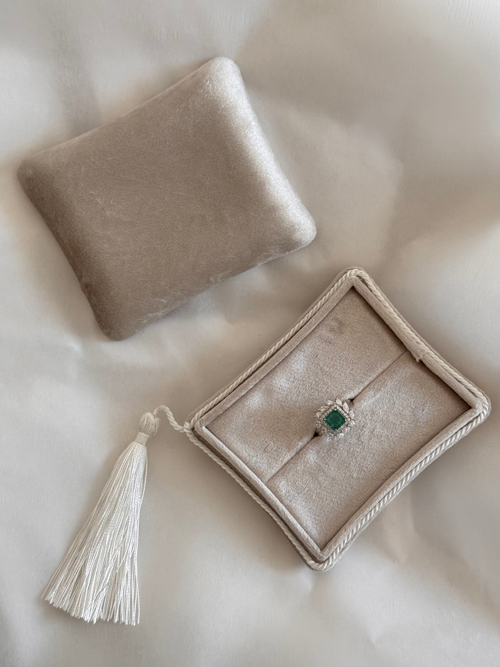 Sylvie - Modern 18K White Gold Square Emerald & Diamond Double Halo Ring