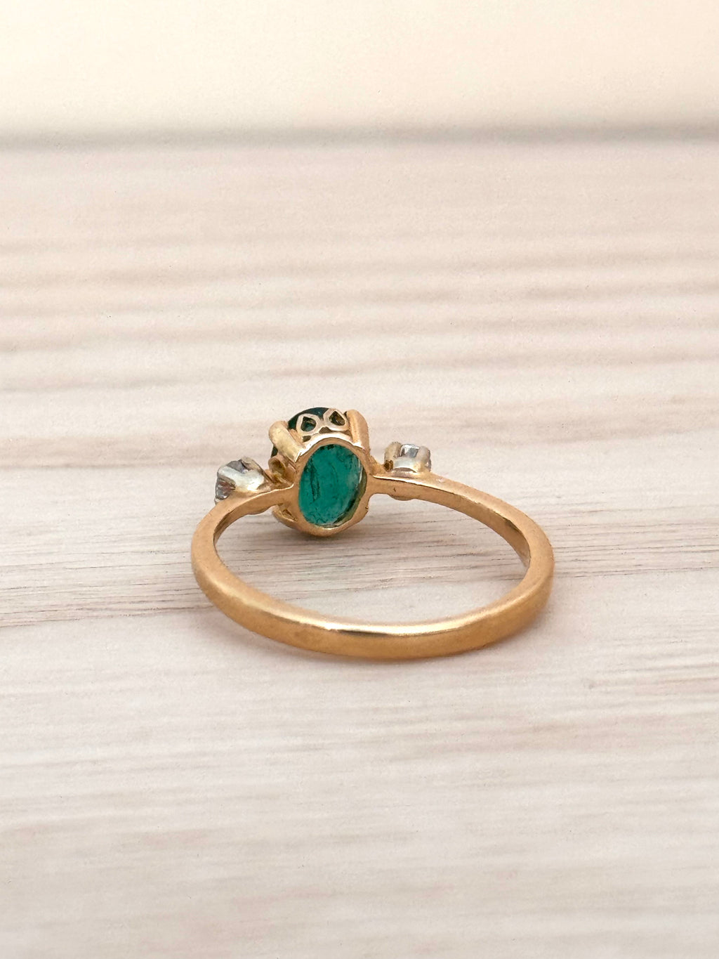 Ines - Vintage 18K Yellow Gold Oval Emerald & Diamond Trilogy Ring