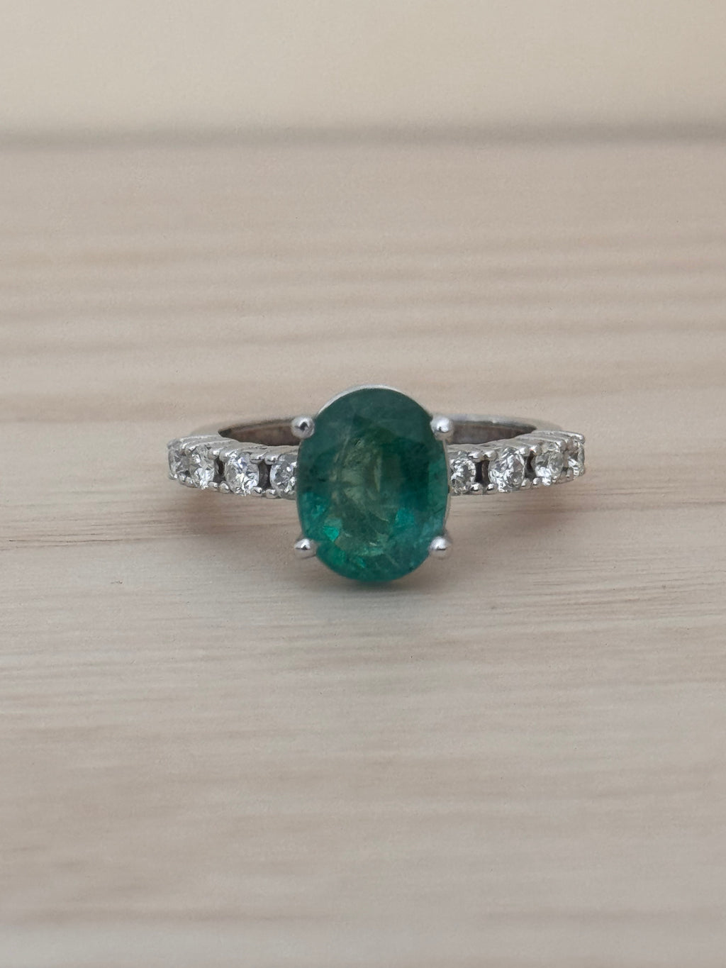 Vera - Modern 18K White Gold Oval Emerald & Diamond Solitaire Ring