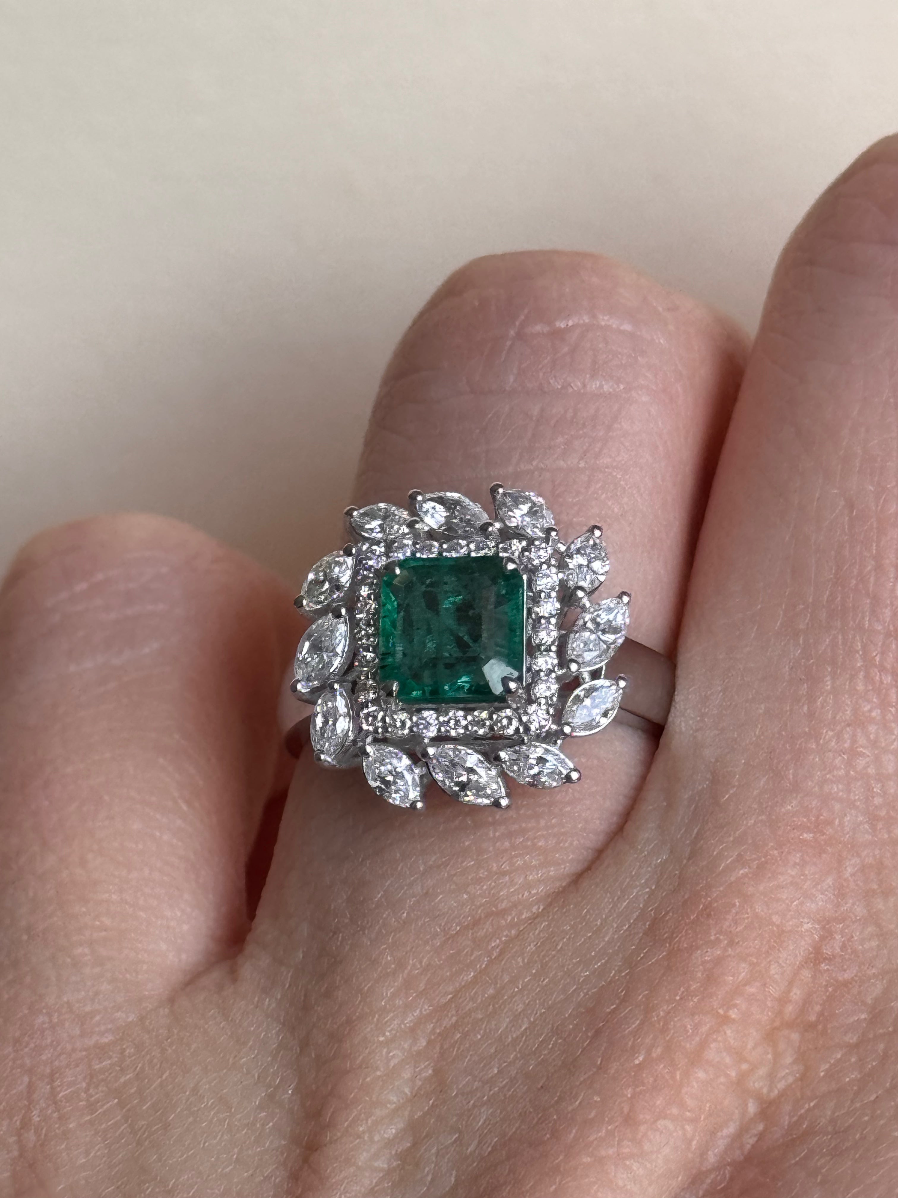 Sylvie - Modern 18K White Gold Square Emerald & Diamond Double Halo Ring
