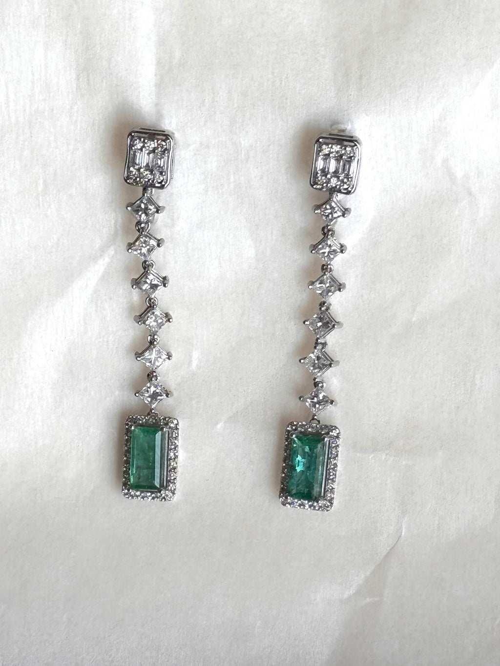 Isadora - Modern 18K White Gold Emerald & Diamond Long Drop Earrings