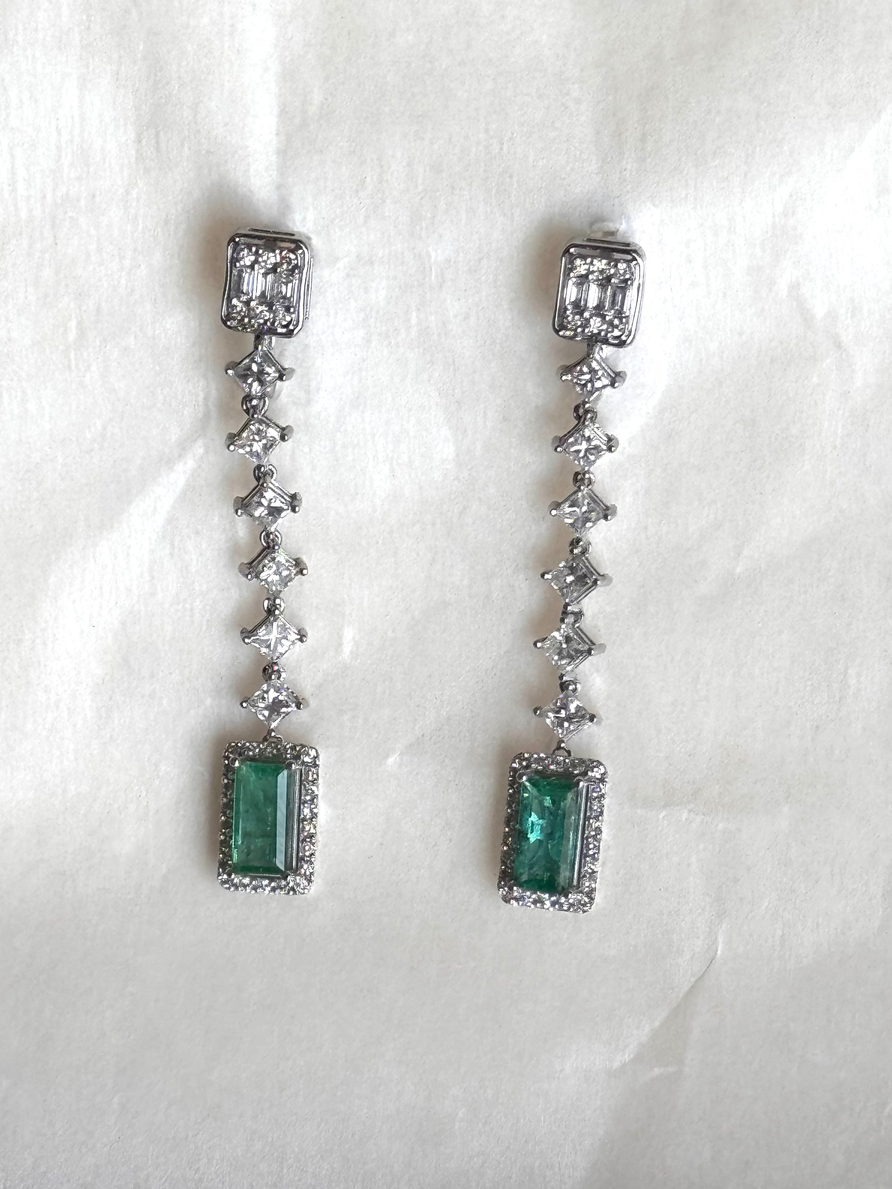 Isadora - Modern 18K White Gold Emerald & Diamond Long Drop Earrings