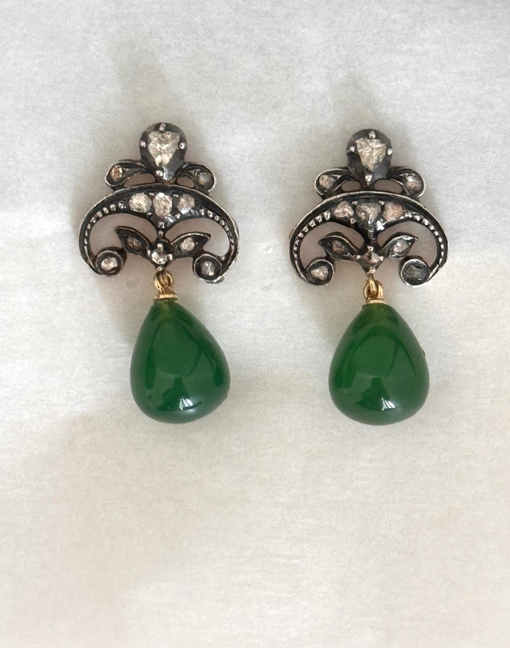 Constance - Antique 14K Gold & Silver Green Agate & Rose-Cut Diamond Drop Earrings