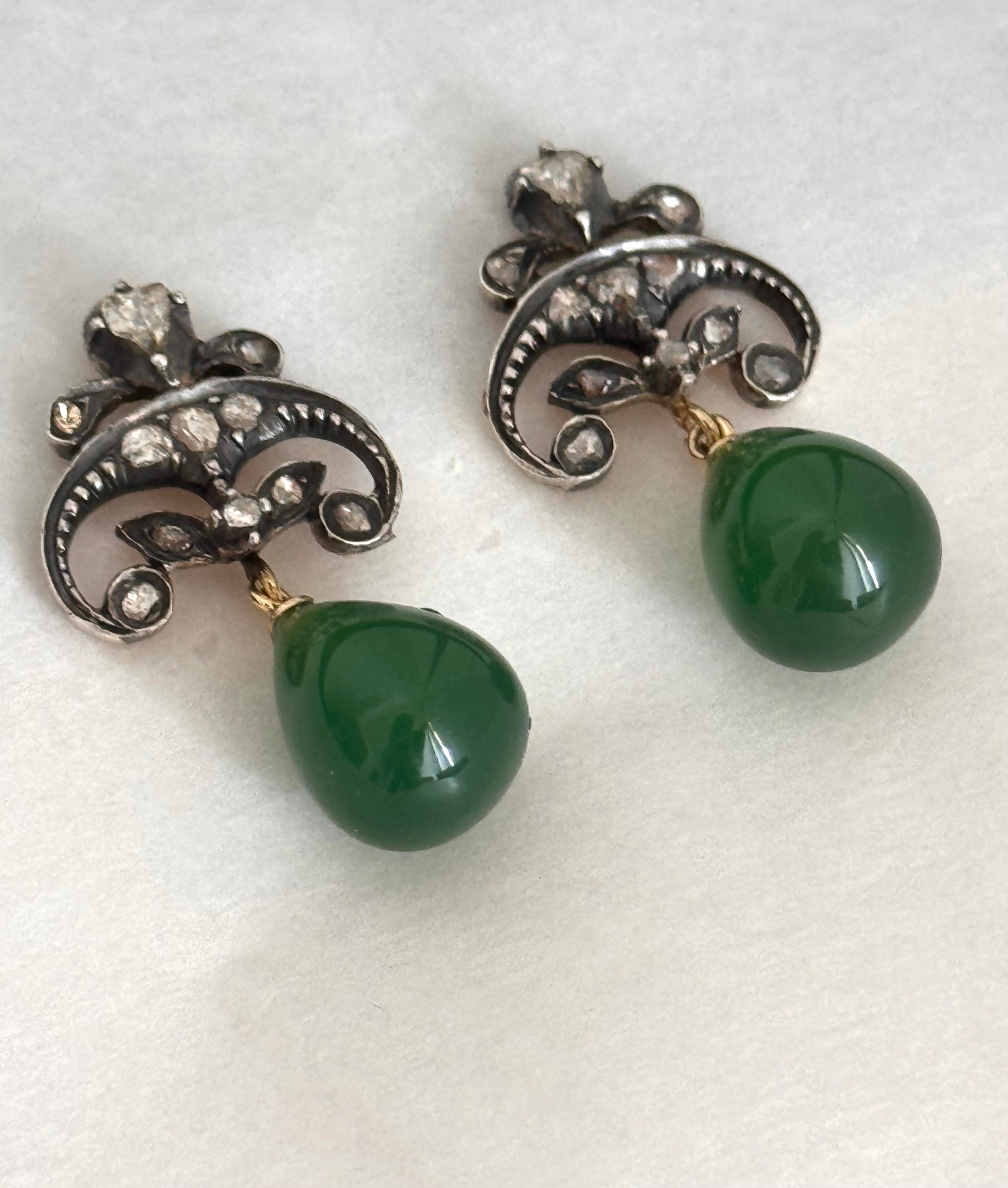 Constance - Antique 14K Gold & Silver Green Agate & Rose-Cut Diamond Drop Earrings