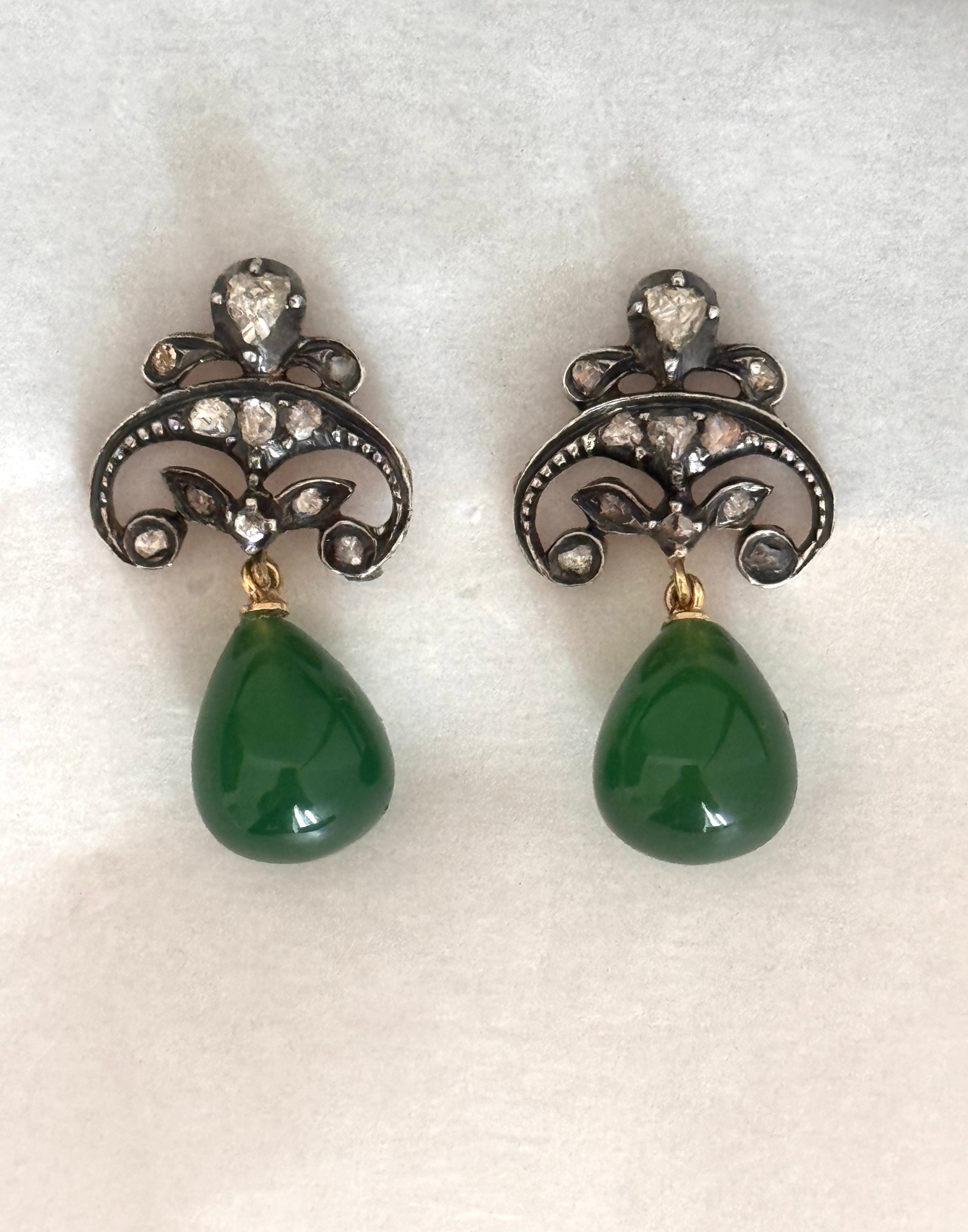 Constance - Antique 14K Gold & Silver Green Agate & Rose-Cut Diamond Drop Earrings