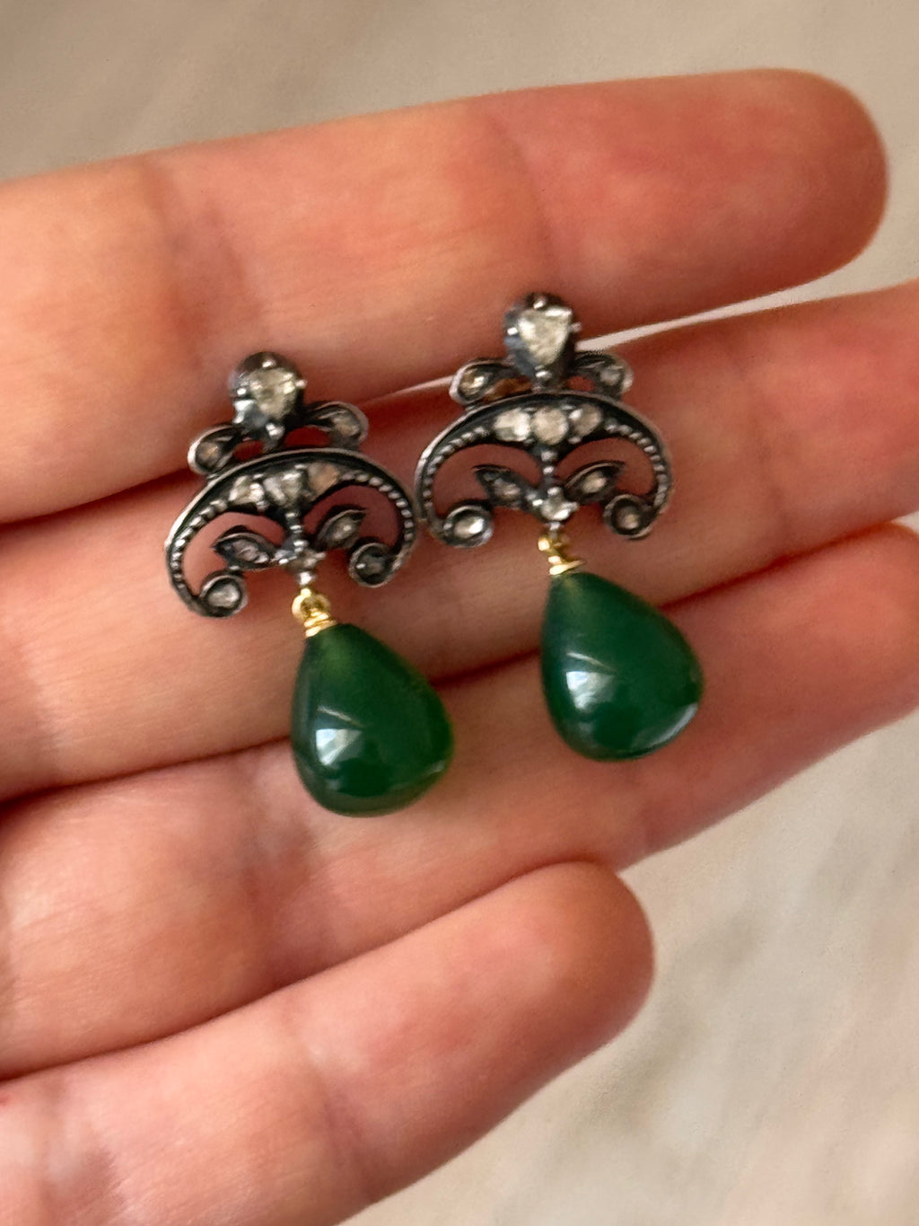 Constance - Antique 14K Gold & Silver Green Agate & Rose-Cut Diamond Drop Earrings