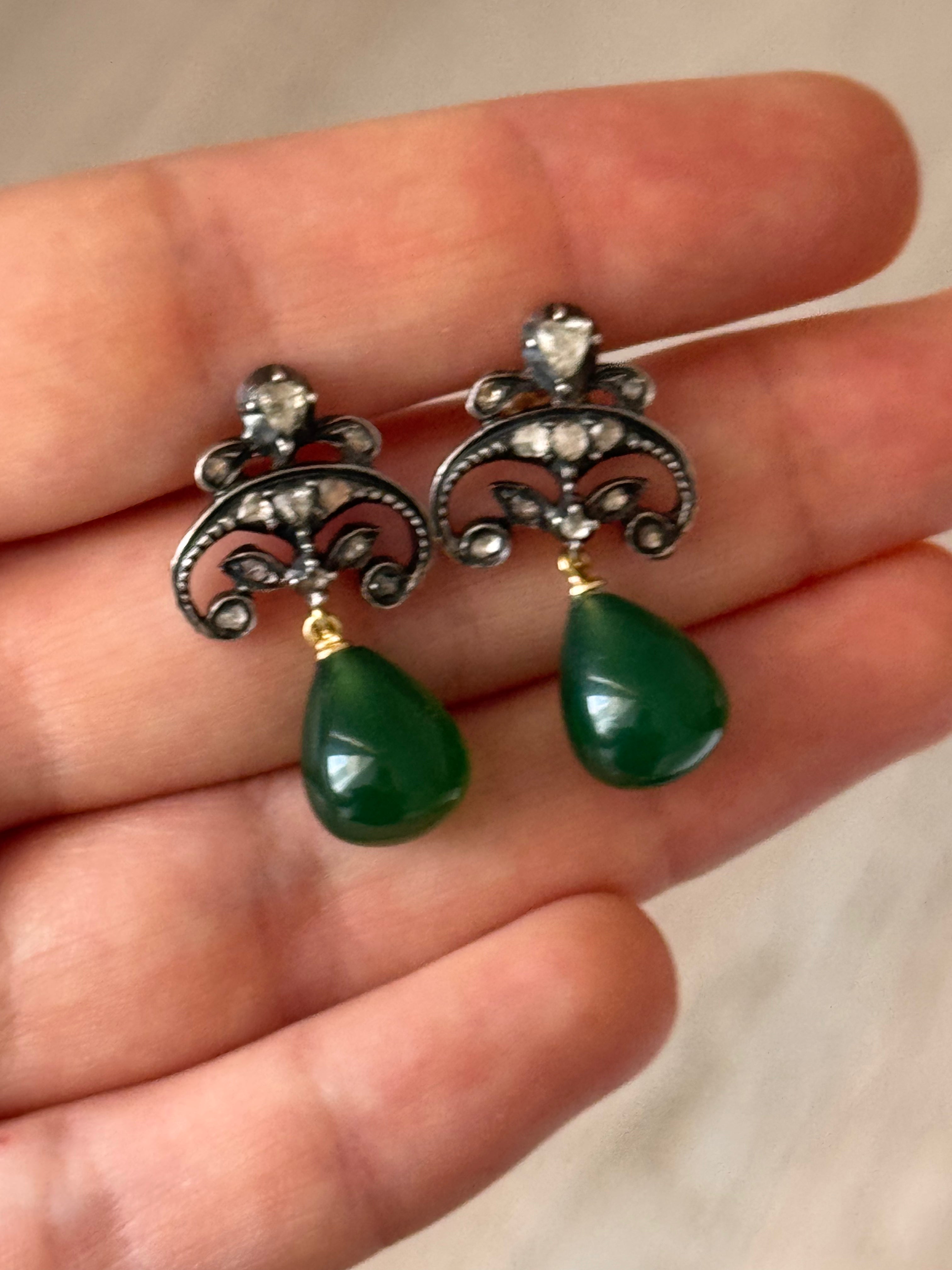 Constance - Antique 14K Gold & Silver Green Agate & Rose-Cut Diamond Drop Earrings