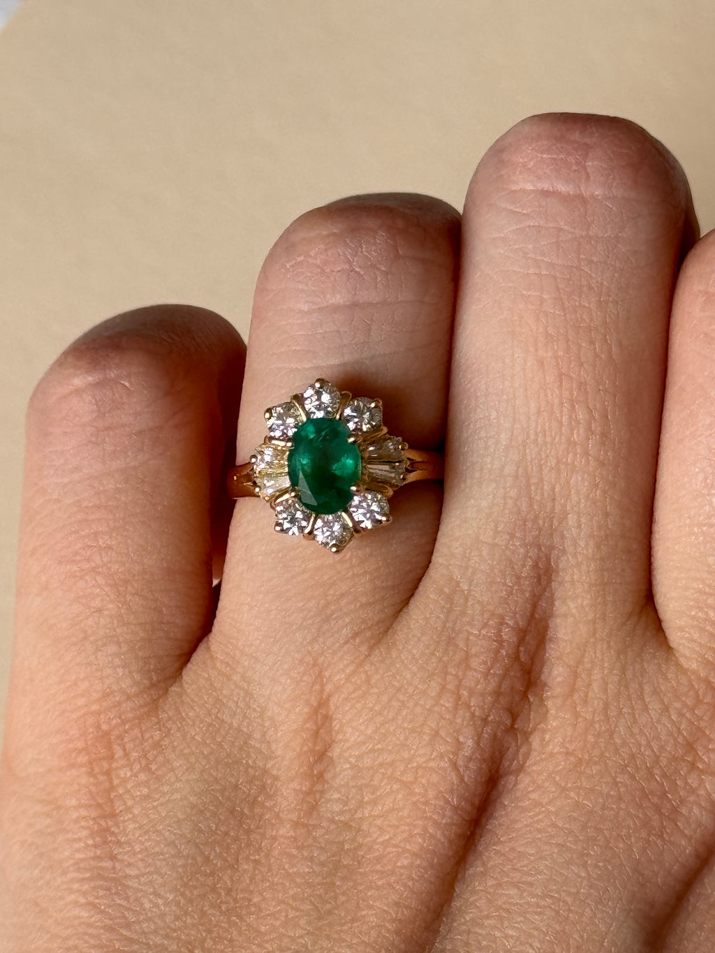 Léonie - Vintage 18K Yellow Gold Oval Emerald & Diamond Cluster Ring
