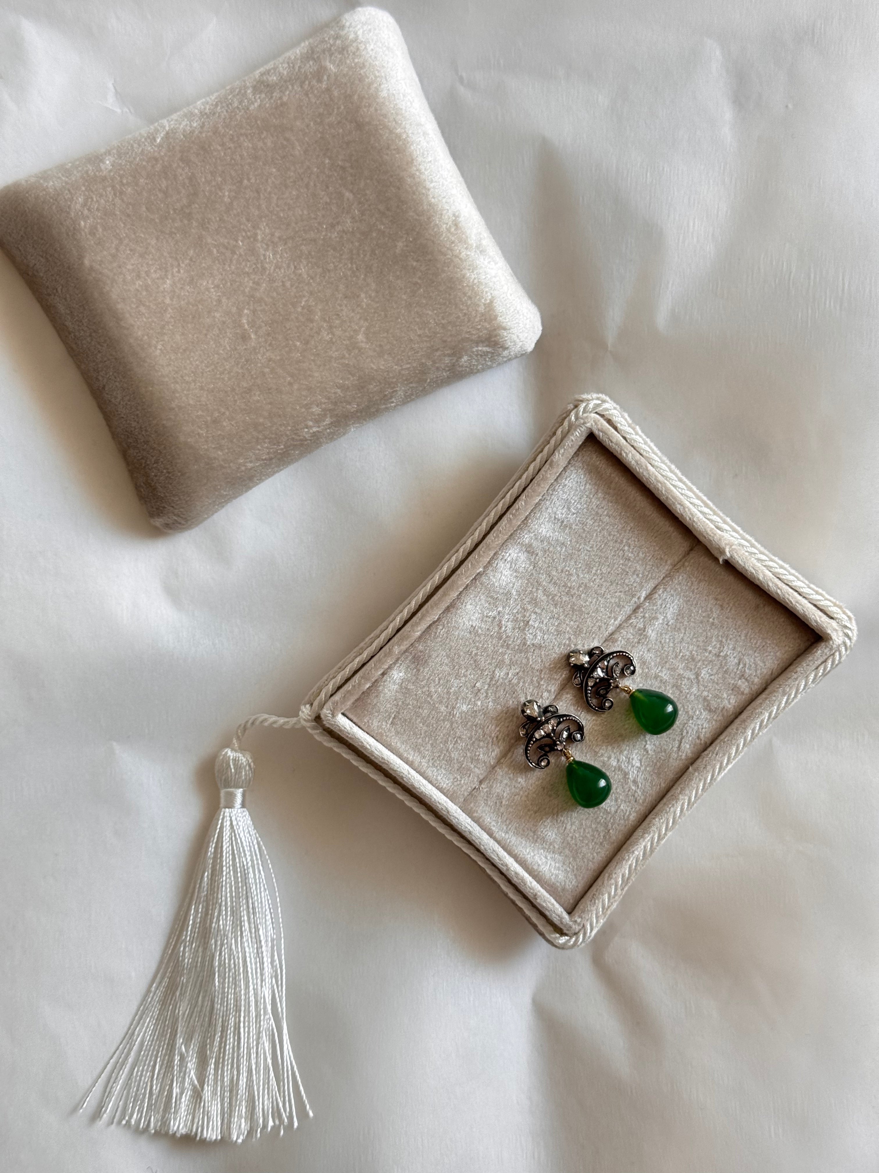 Constance - Antique 14K Gold & Silver Green Agate & Rose-Cut Diamond Drop Earrings