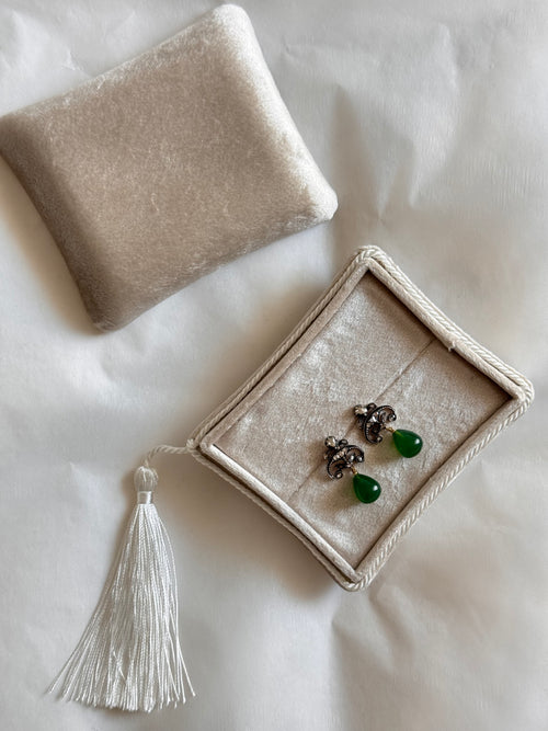 Constance - Antique 14K Gold & Silver Green Agate & Rose-Cut Diamond Drop Earrings