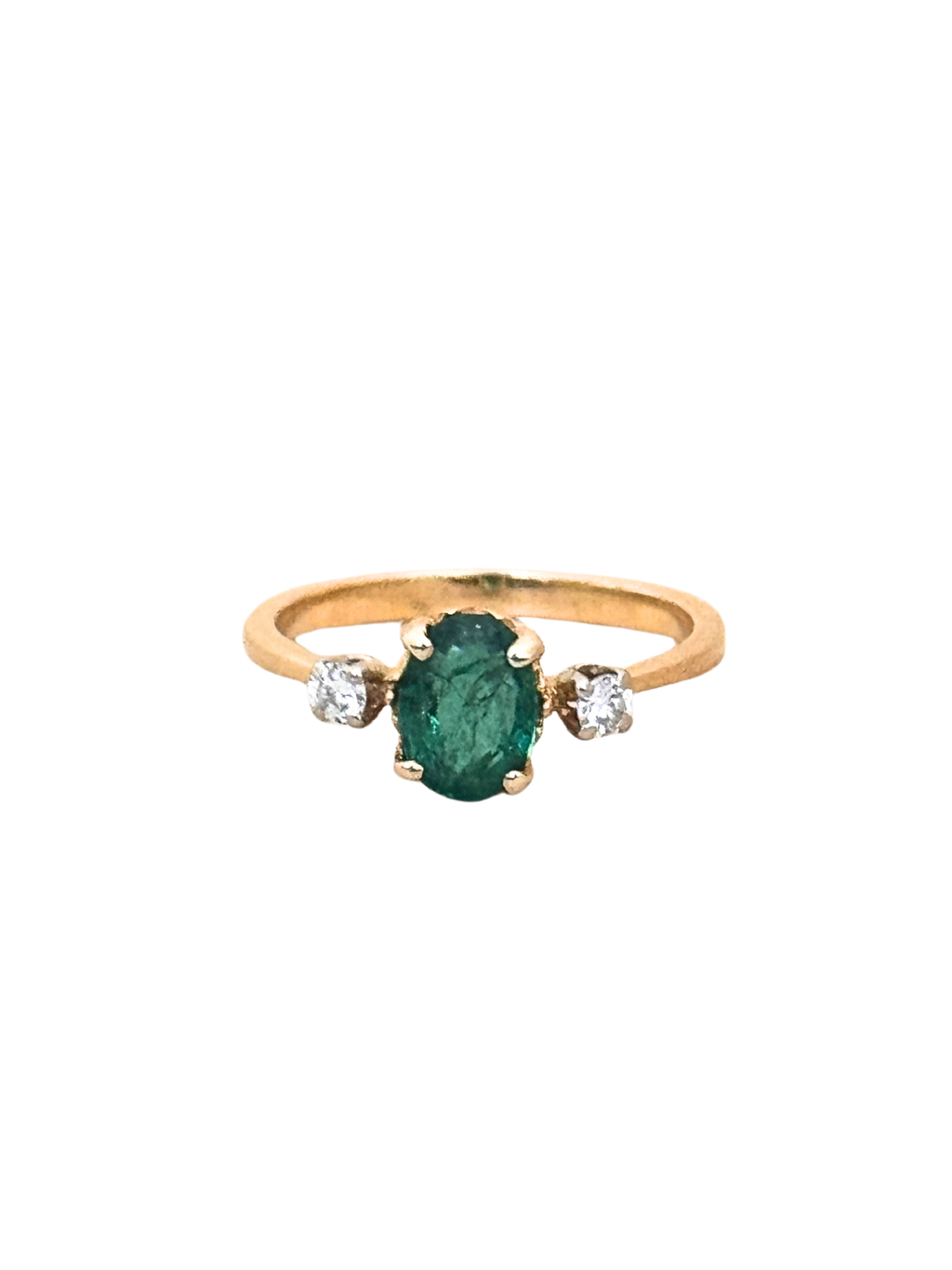Ines - Vintage 18K Yellow Gold Oval Emerald & Diamond Trilogy Ring