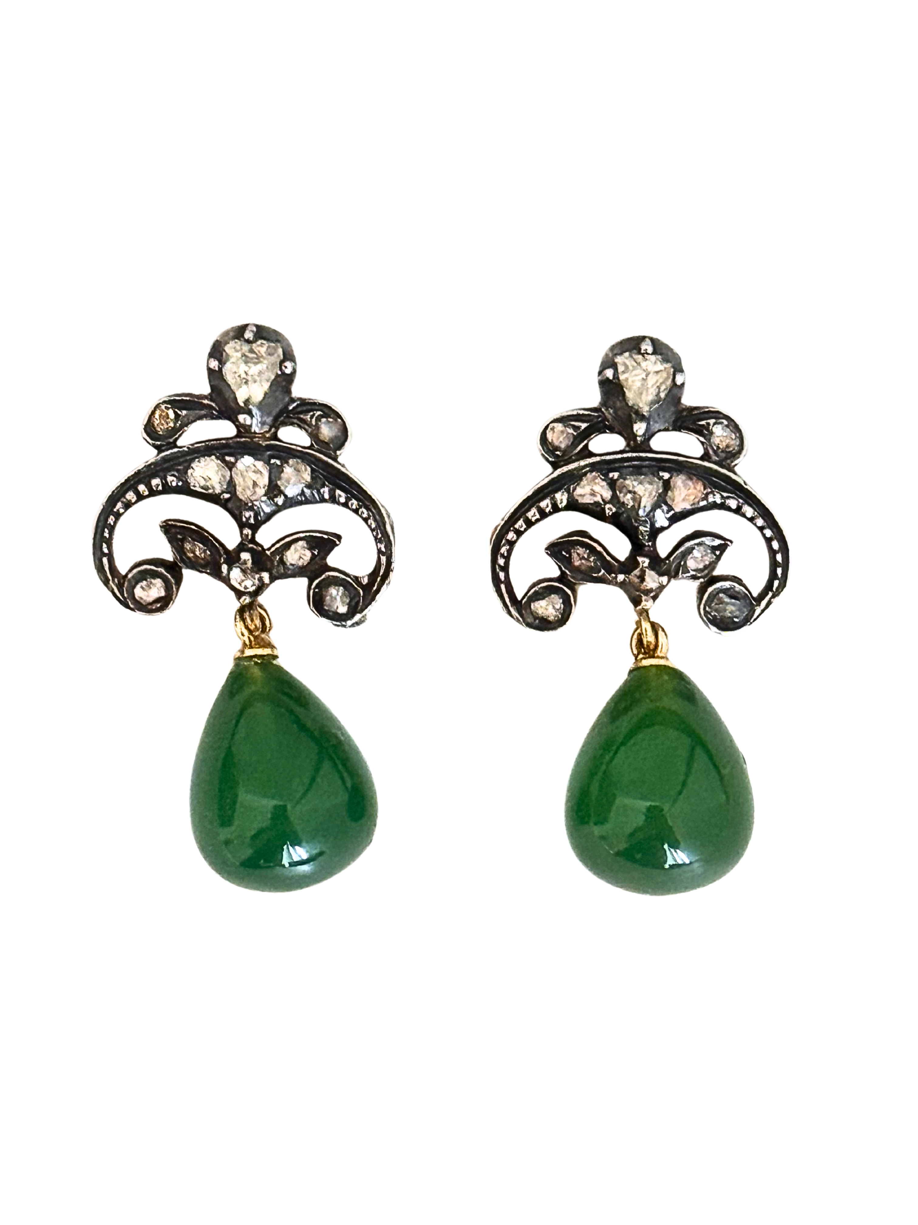 Constance - Antique 14K Gold & Silver Green Agate & Rose-Cut Diamond Drop Earrings