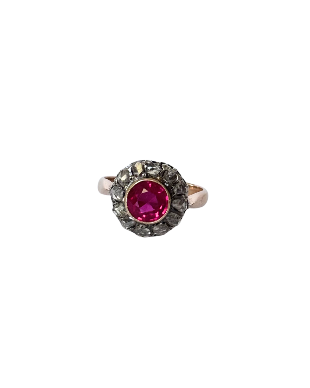 Eugénie - Antique 14K Gold & Silver Ruby & Diamond Cluster Ring