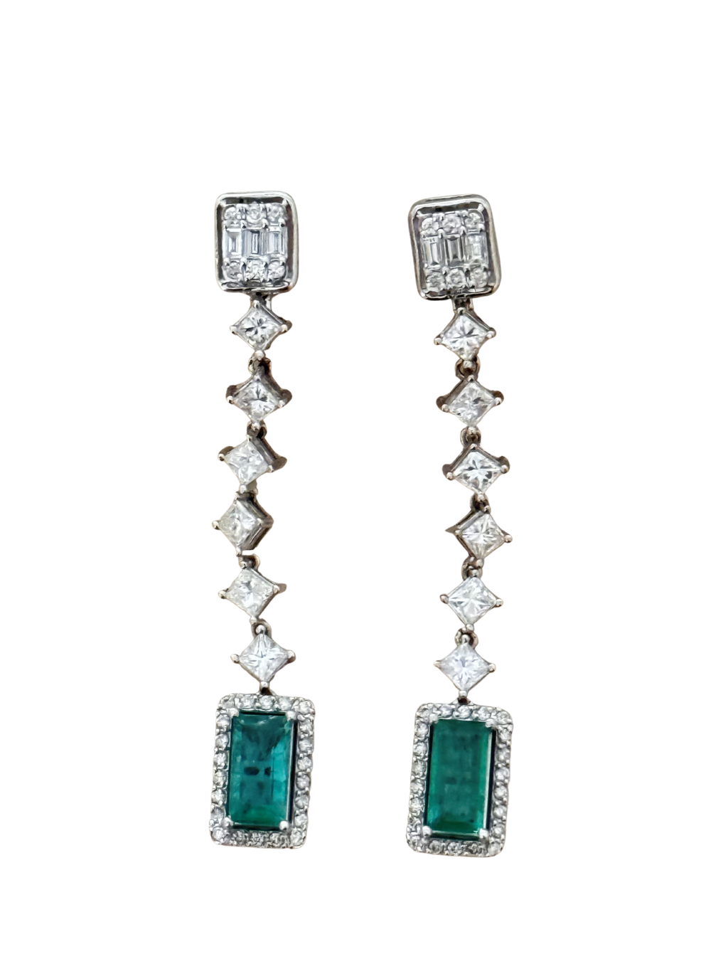 Isadora - Modern 18K White Gold Emerald & Diamond Long Drop Earrings