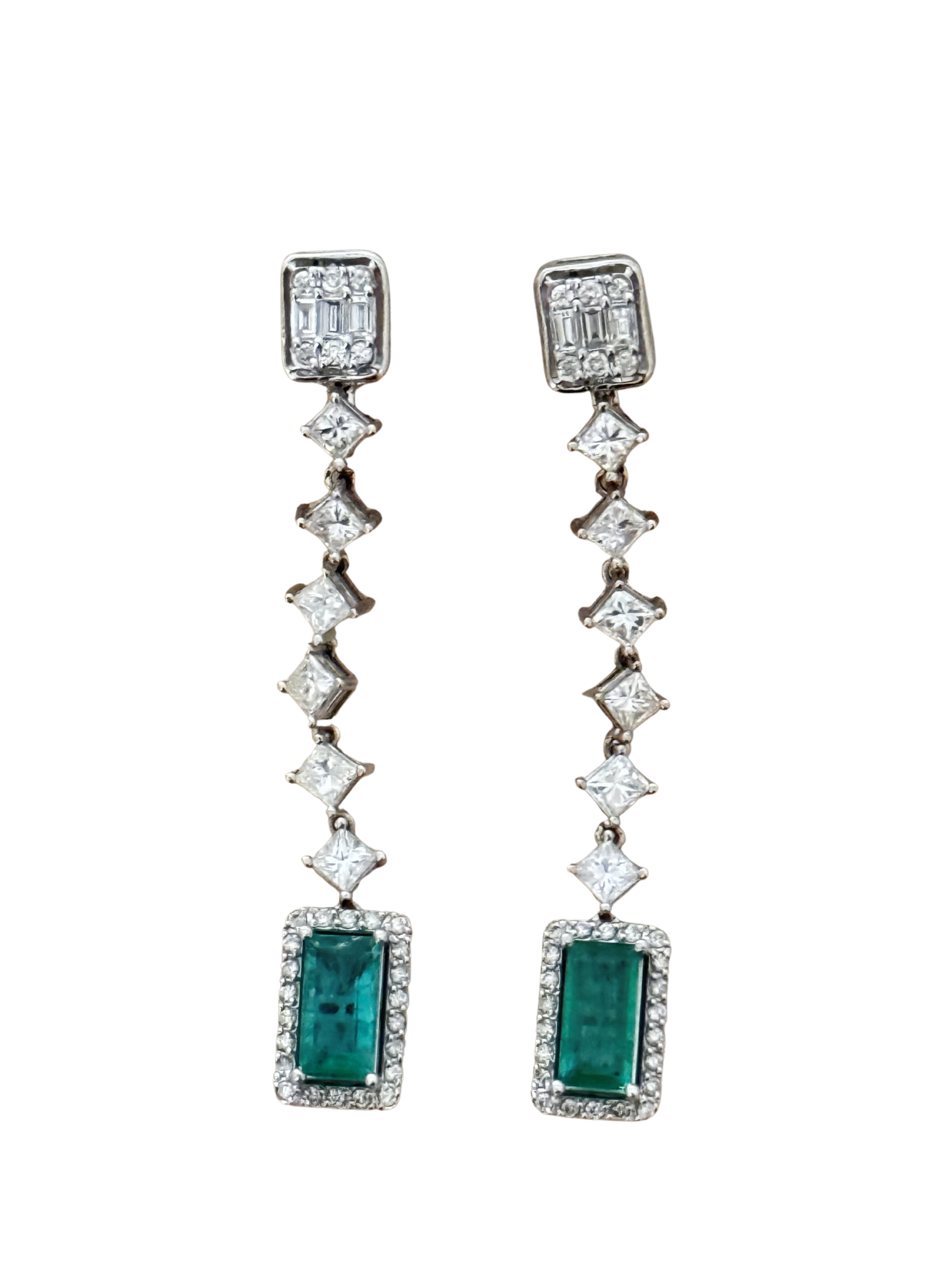 Isadora - Modern 18K White Gold Emerald & Diamond Long Drop Earrings