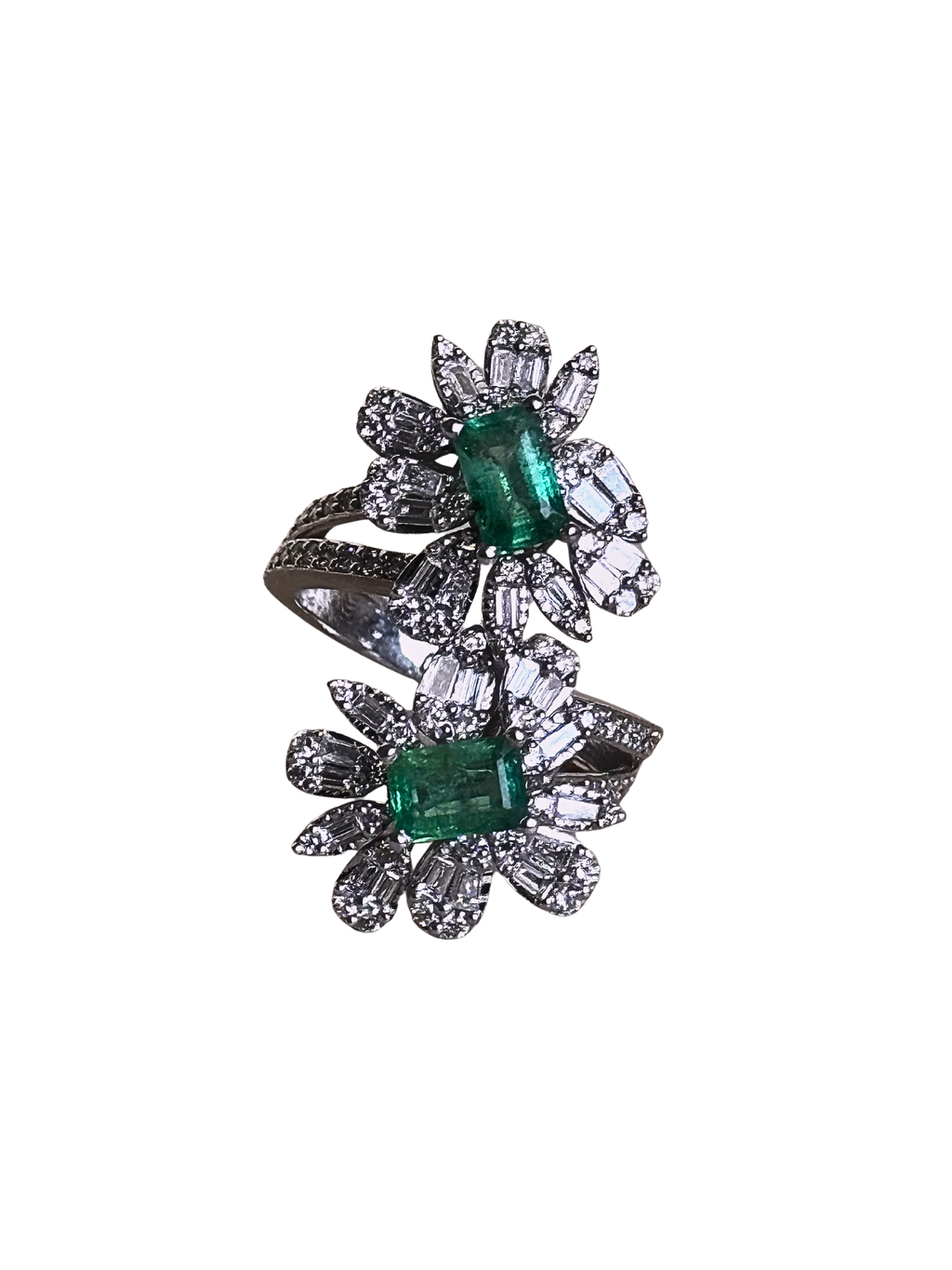 Aurora - 18K White Gold Modern Double Flower Emerald & Diamond Ring