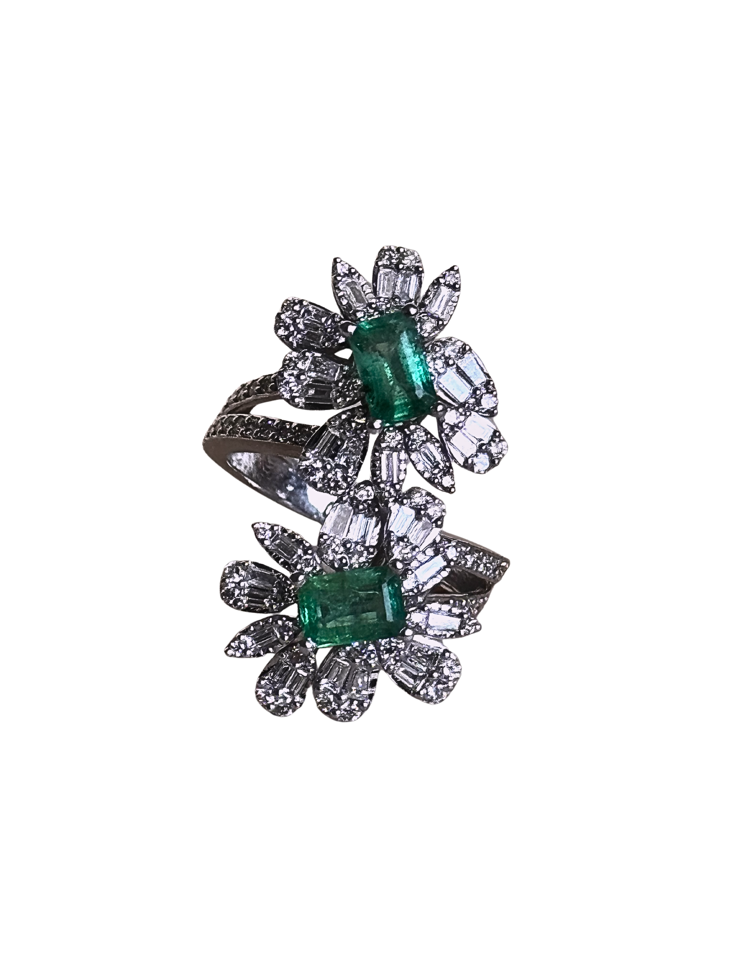 Aurora - 18K White Gold Modern Double Flower Emerald & Diamond Ring