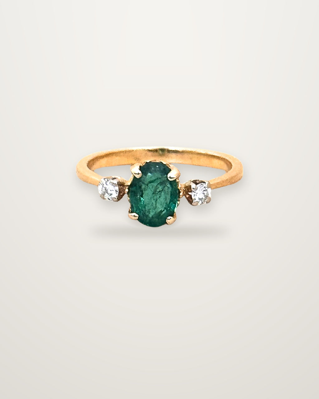 Ines - Vintage 18K Yellow Gold Oval Emerald & Diamond Trilogy Ring