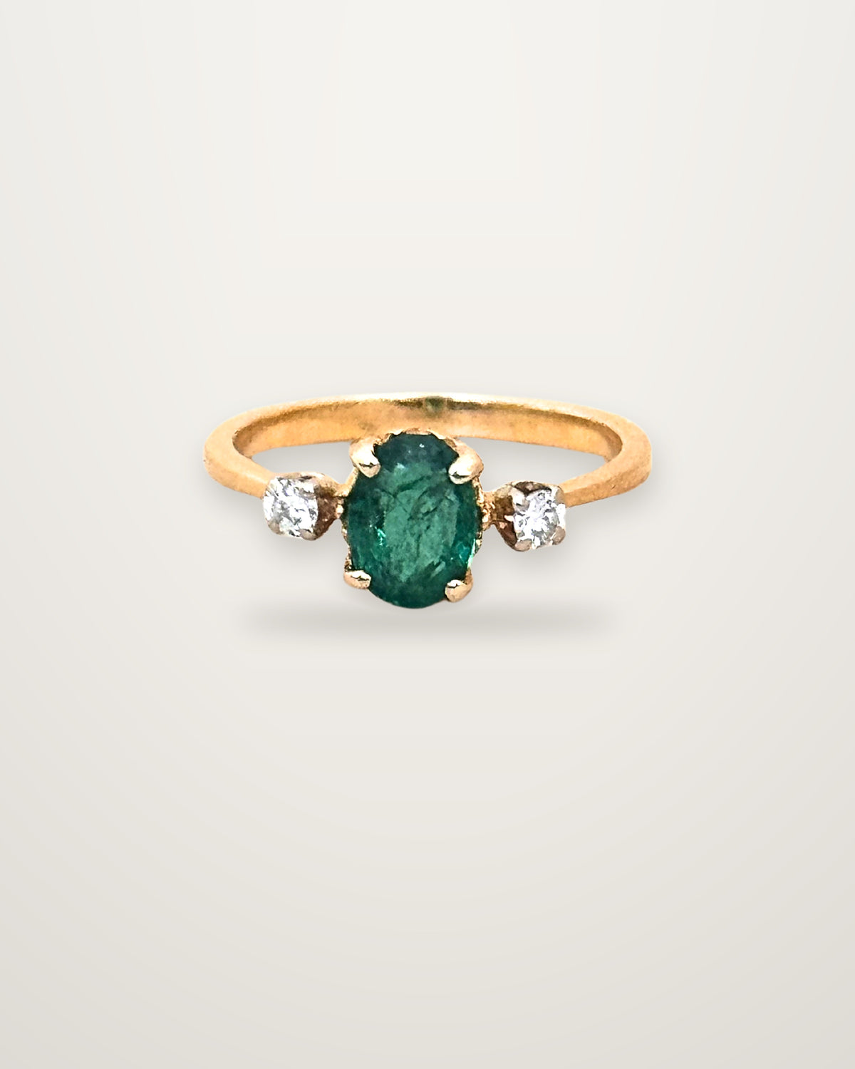 Ines - Vintage 18K Yellow Gold Oval Emerald & Diamond Trilogy Ring