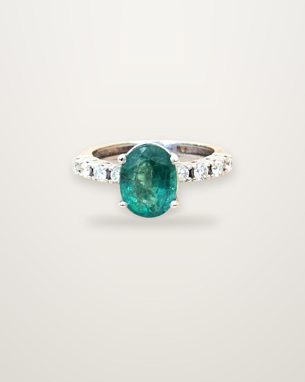 Vera - Modern 18K White Gold Oval Emerald & Diamond Solitaire Ring