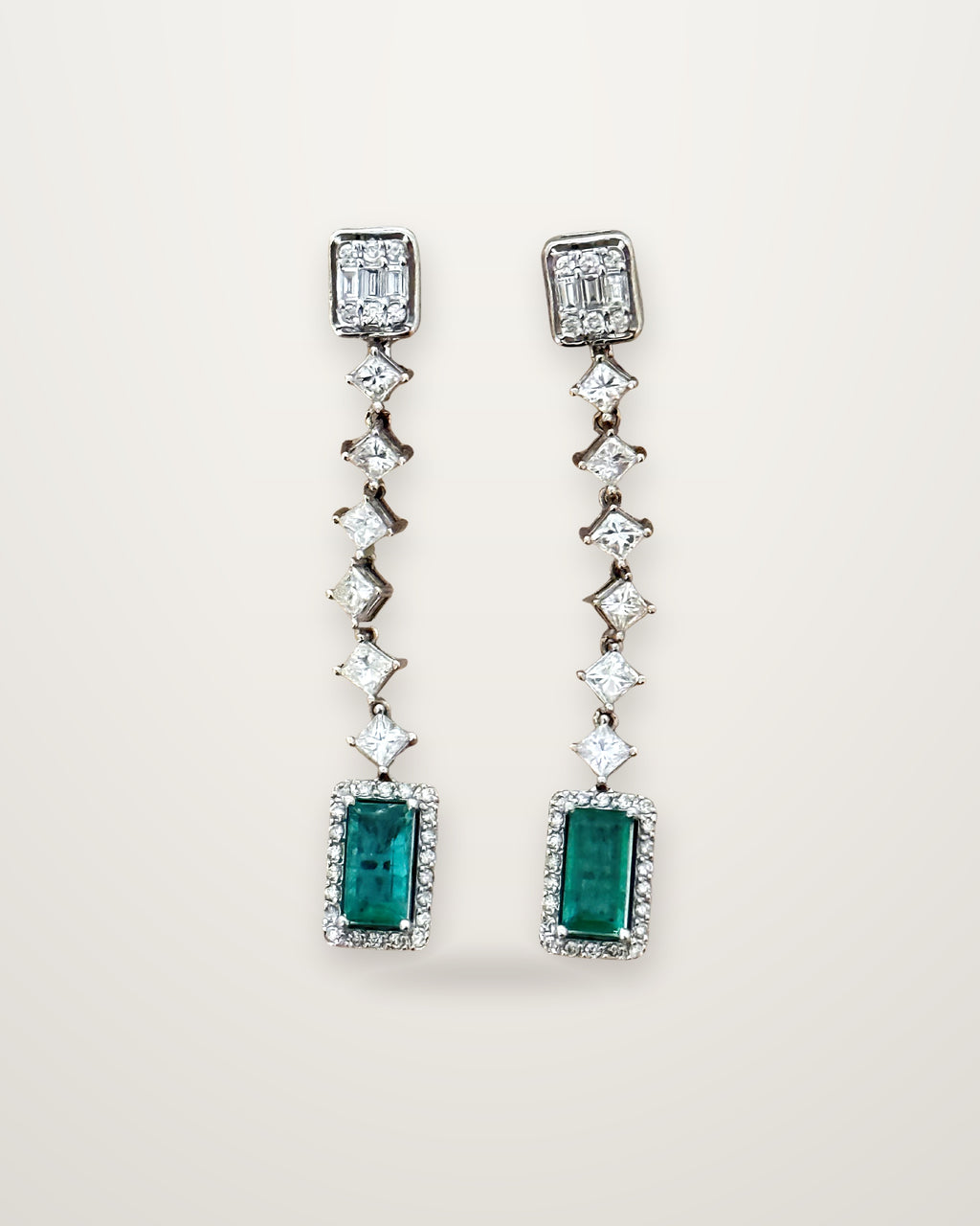 Isadora - Modern 18K White Gold Emerald & Diamond Long Drop Earrings