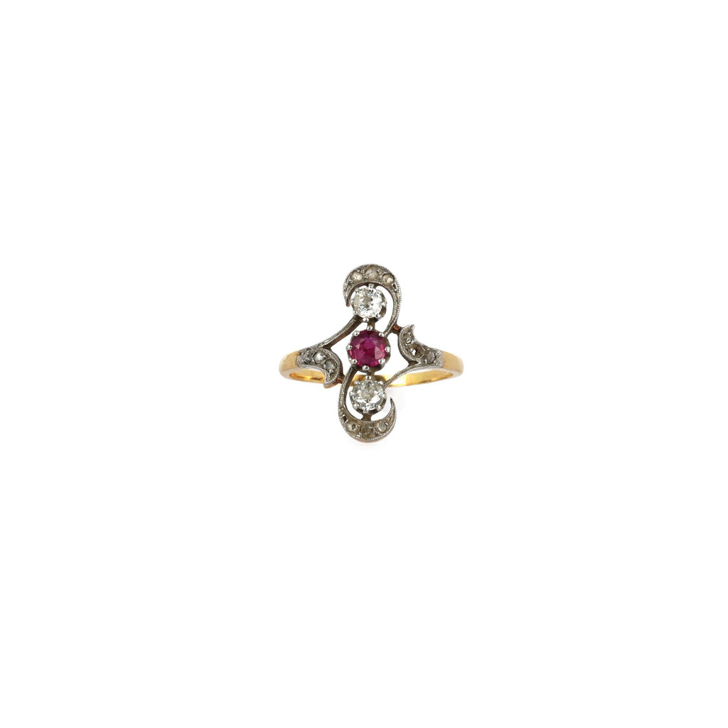Madeleine - Antique 18K Gold, Platinum, Ruby and Rose-Cut Diamond Openwork Ring