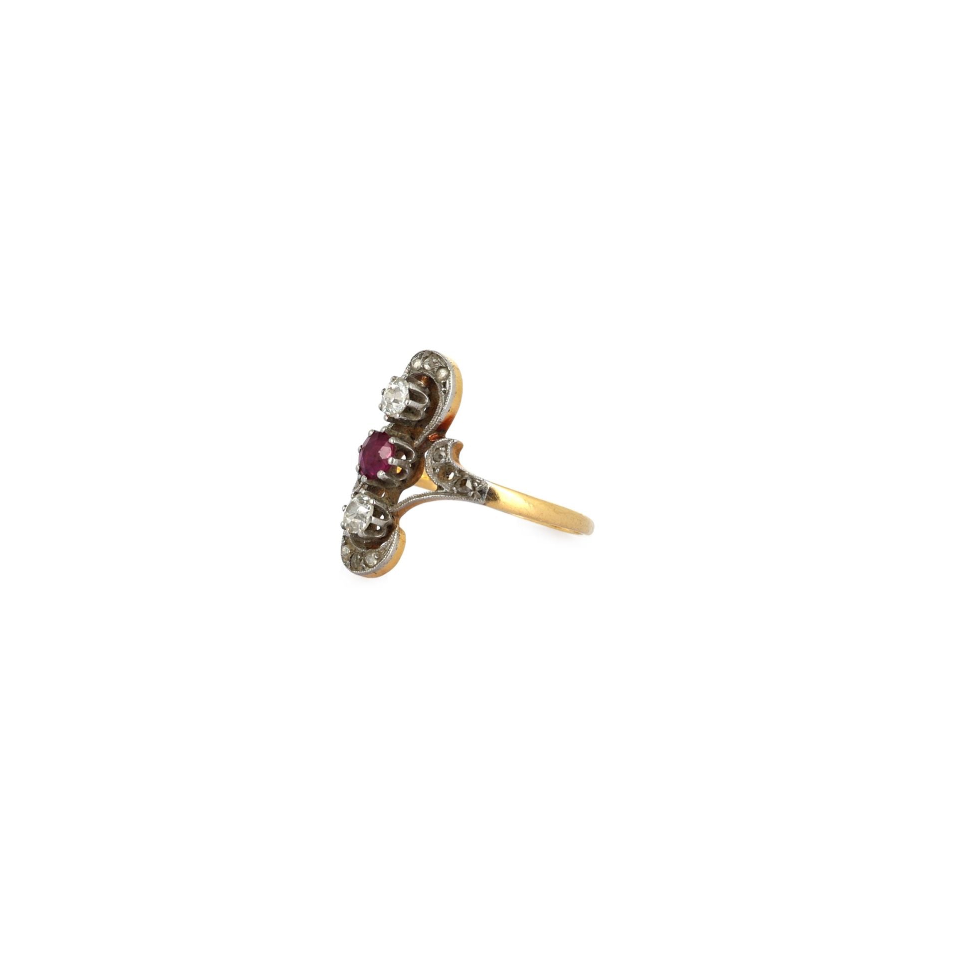 Madeleine - Antique 18K Gold, Platinum, Ruby and Rose-Cut Diamond Openwork Ring