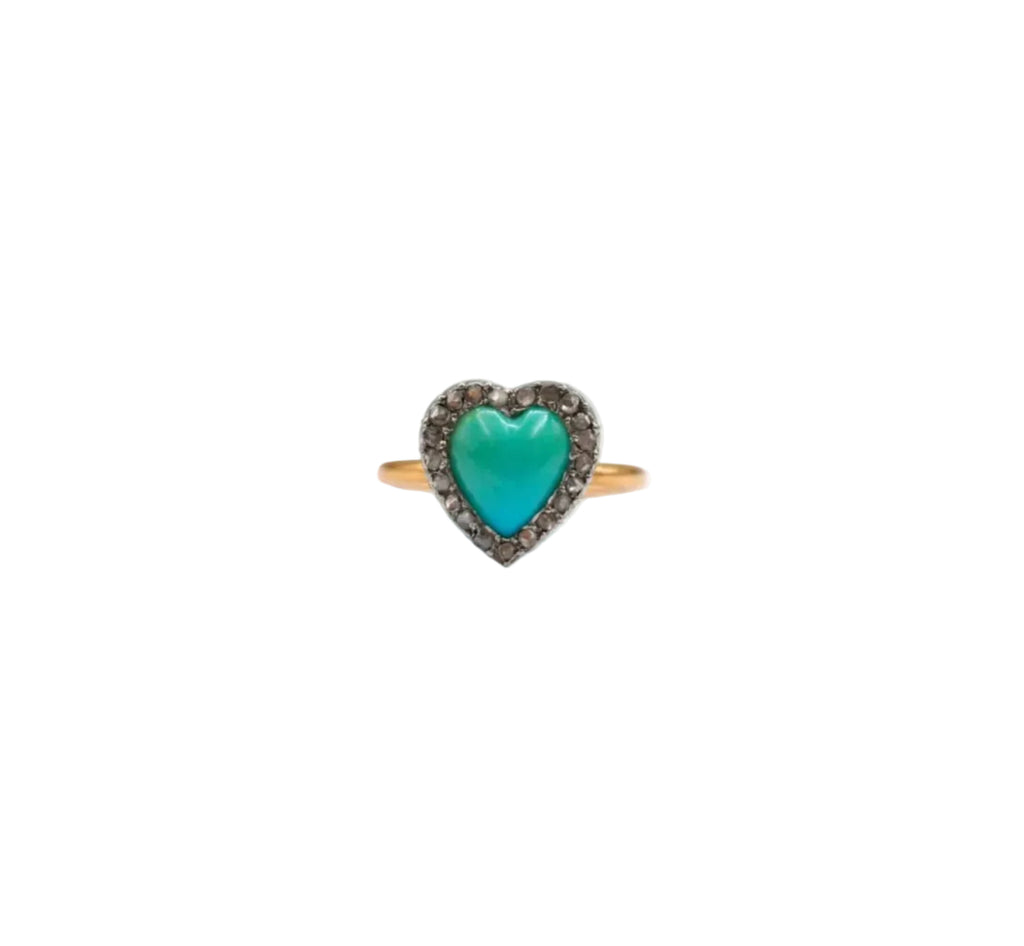 Colette - Antique 18K Gold, Platinum, Turquoise and Diamond Heart Ring