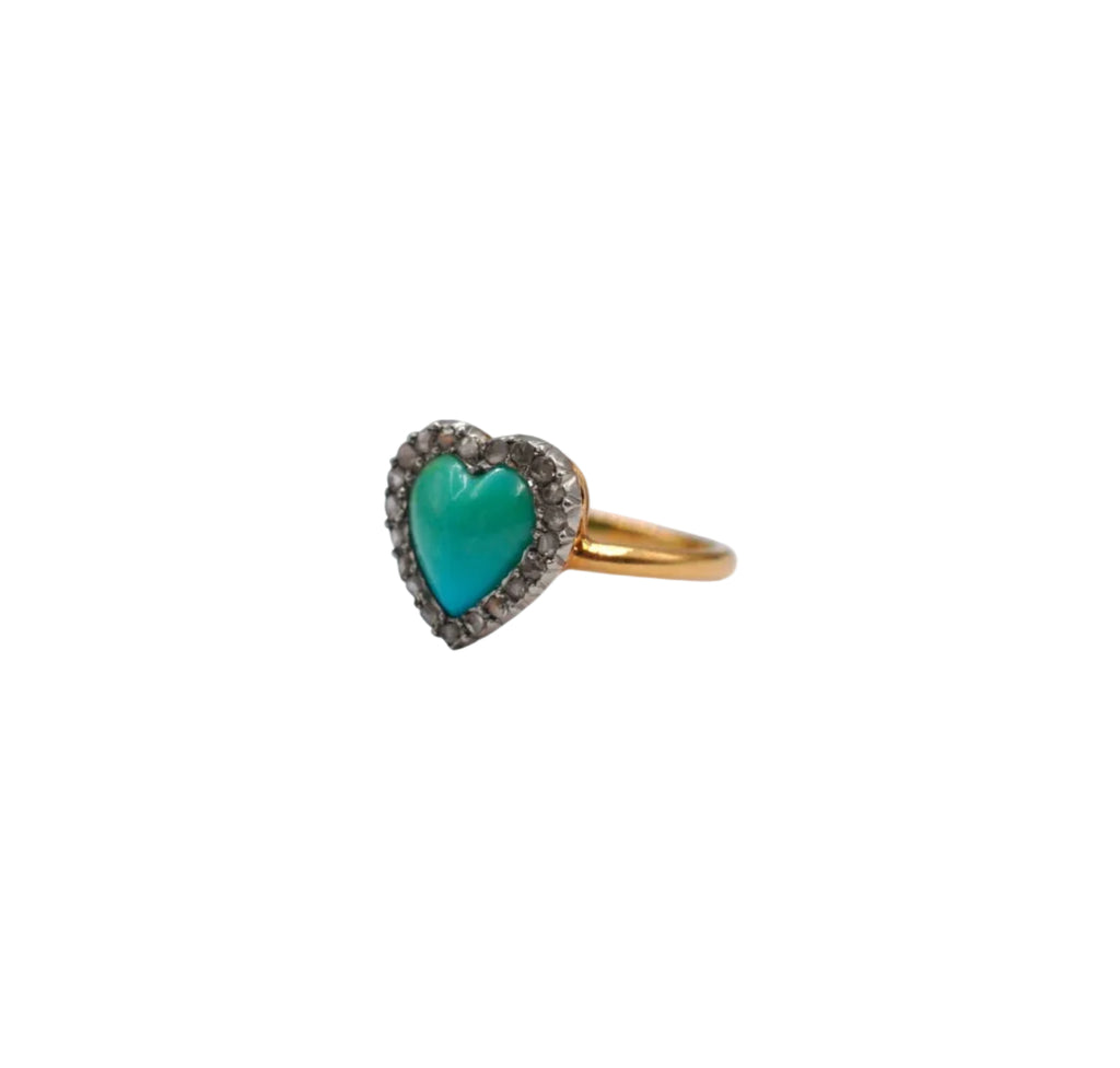 Colette - Antique 18K Gold, Platinum, Turquoise and Diamond Heart Ring