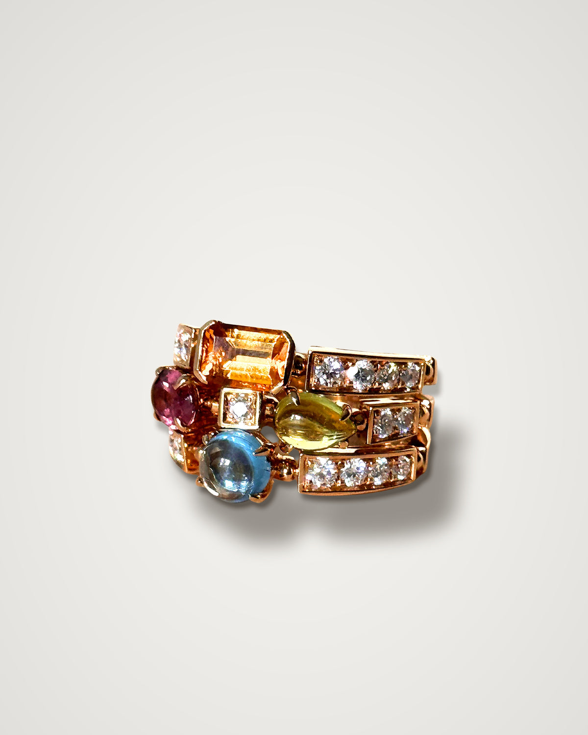 Bulgari Allegra - Vintage 18K Yellow Gold Peridot, Tourmaline, Citrine & Diamond Band Ring