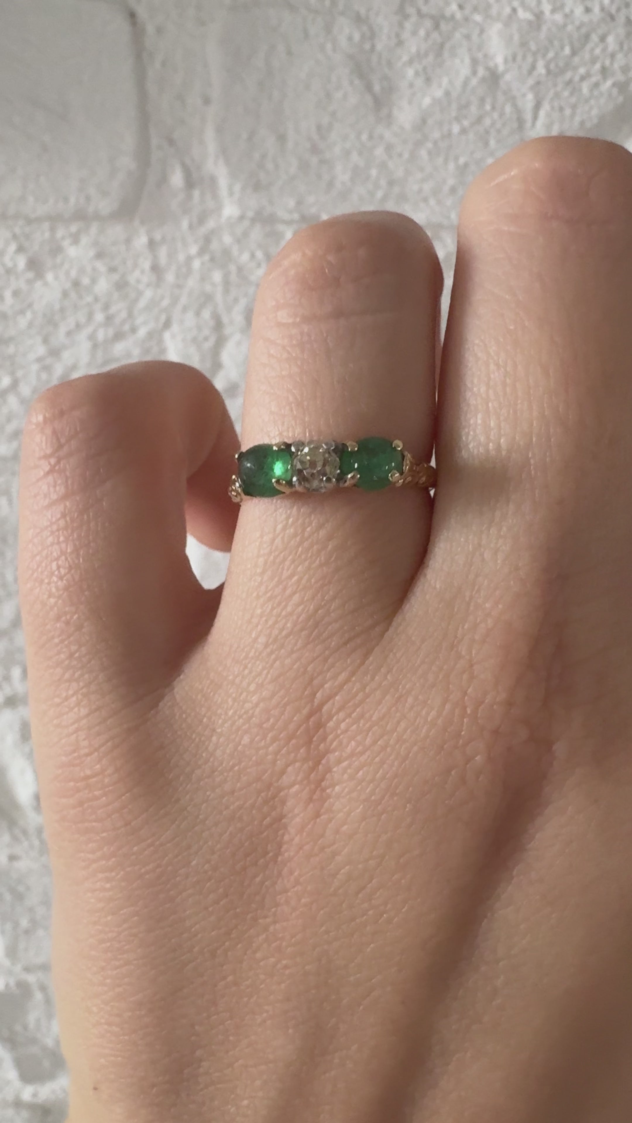 Élise - Antique 14K Yellow & White Gold Diamond & Emerald Three-Stone Ring