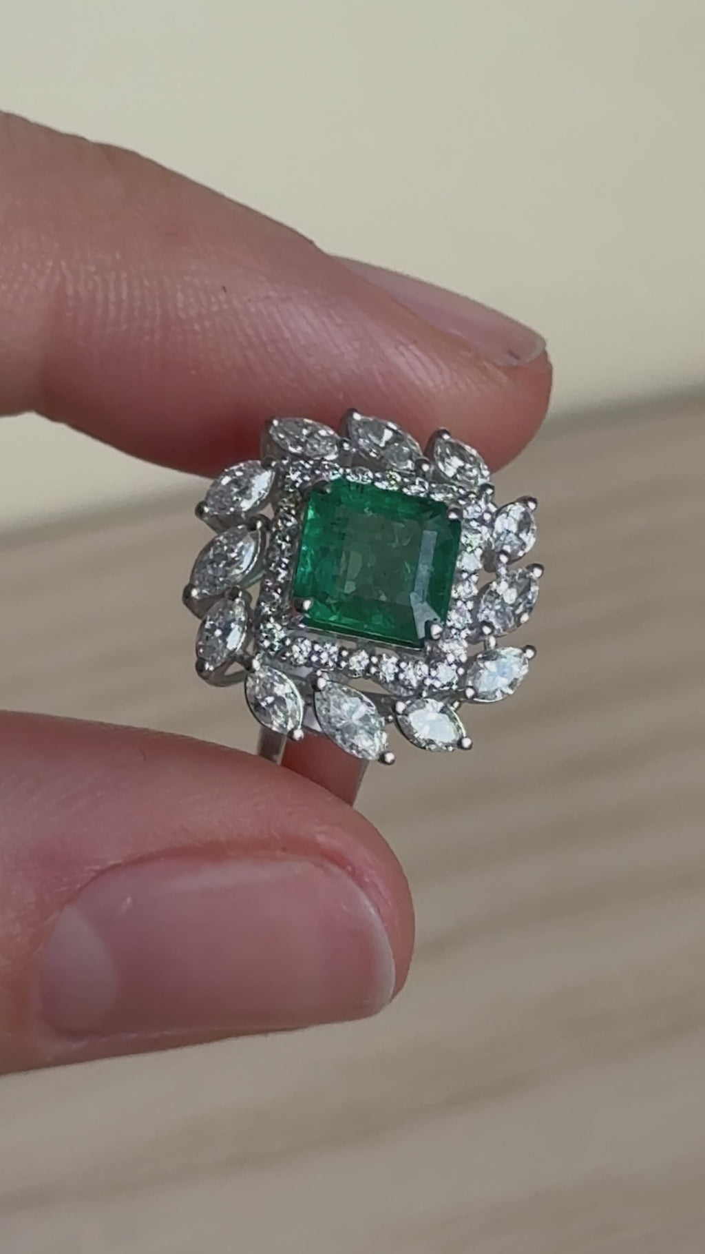 Sylvie - Modern 18K White Gold Square Emerald & Diamond Double Halo Ring