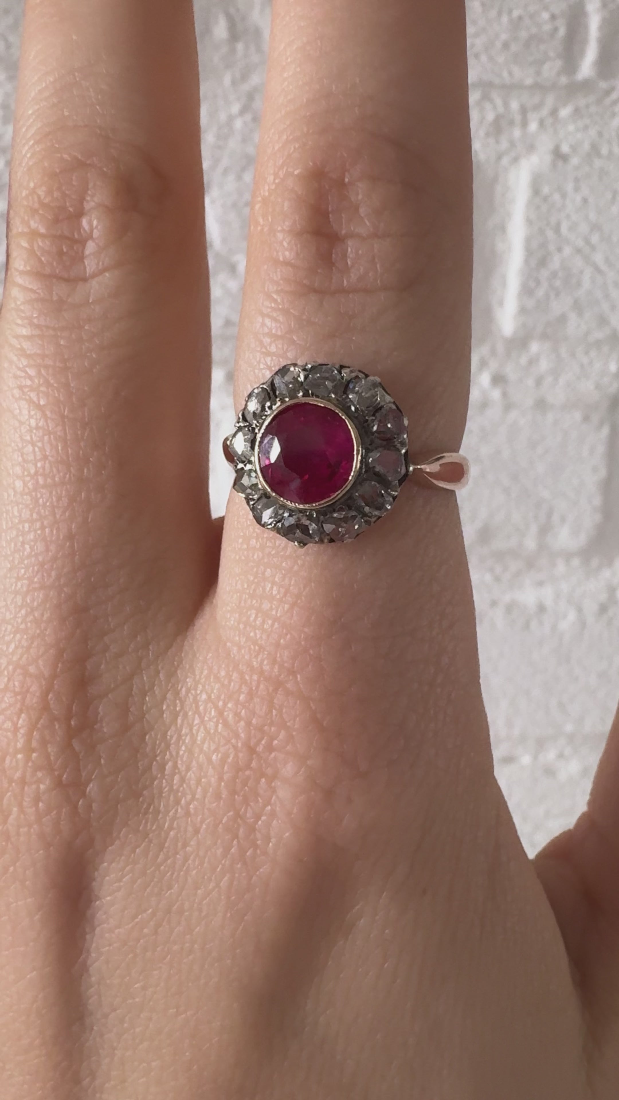 Eugénie - Antique 14K Gold & Silver Ruby & Diamond Cluster Ring