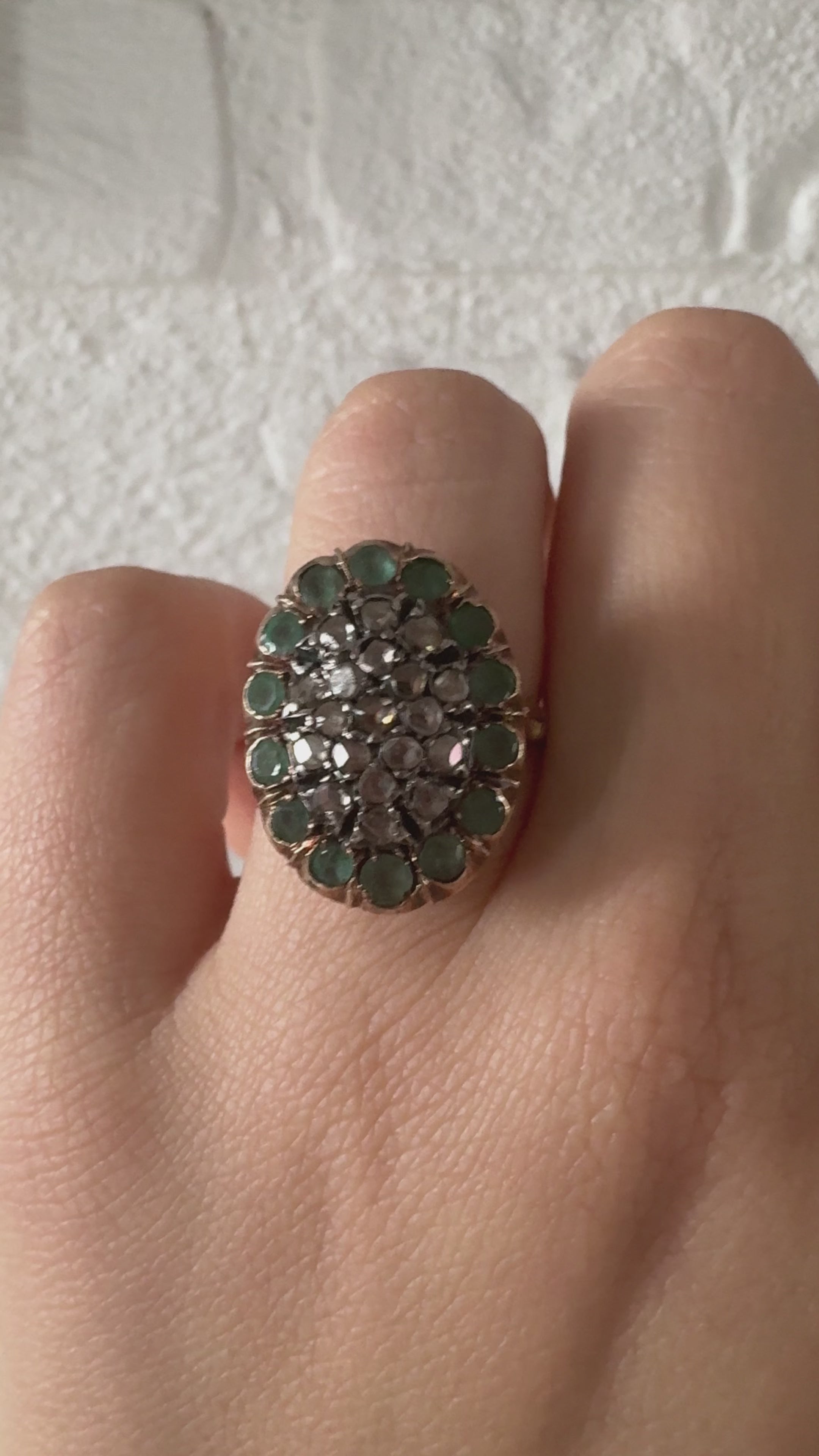 Luisa - Vintage 18K Gold & Silver Emerald & Rose-Cut Diamond Large Ring