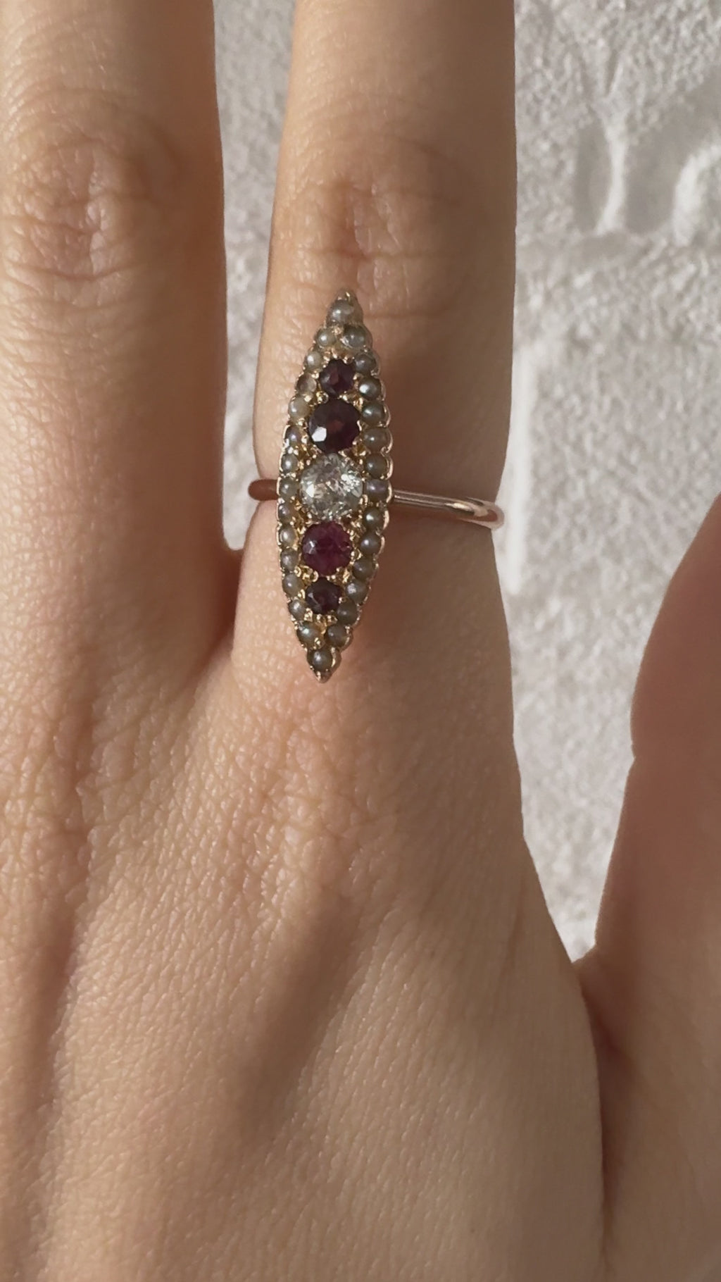 Clémentine - Antique 18K Rose Gold Diamond, Pearl & Garnet Navette Ring