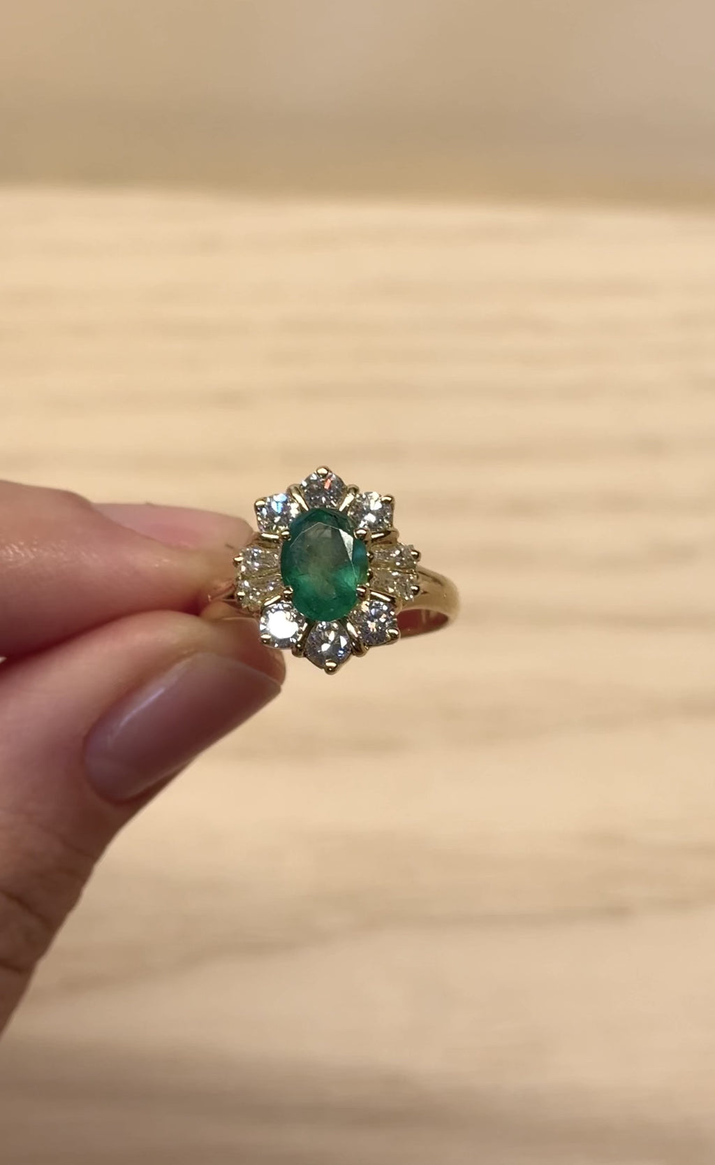 Léonie - Vintage 18K Yellow Gold Oval Emerald & Diamond Cluster Ring