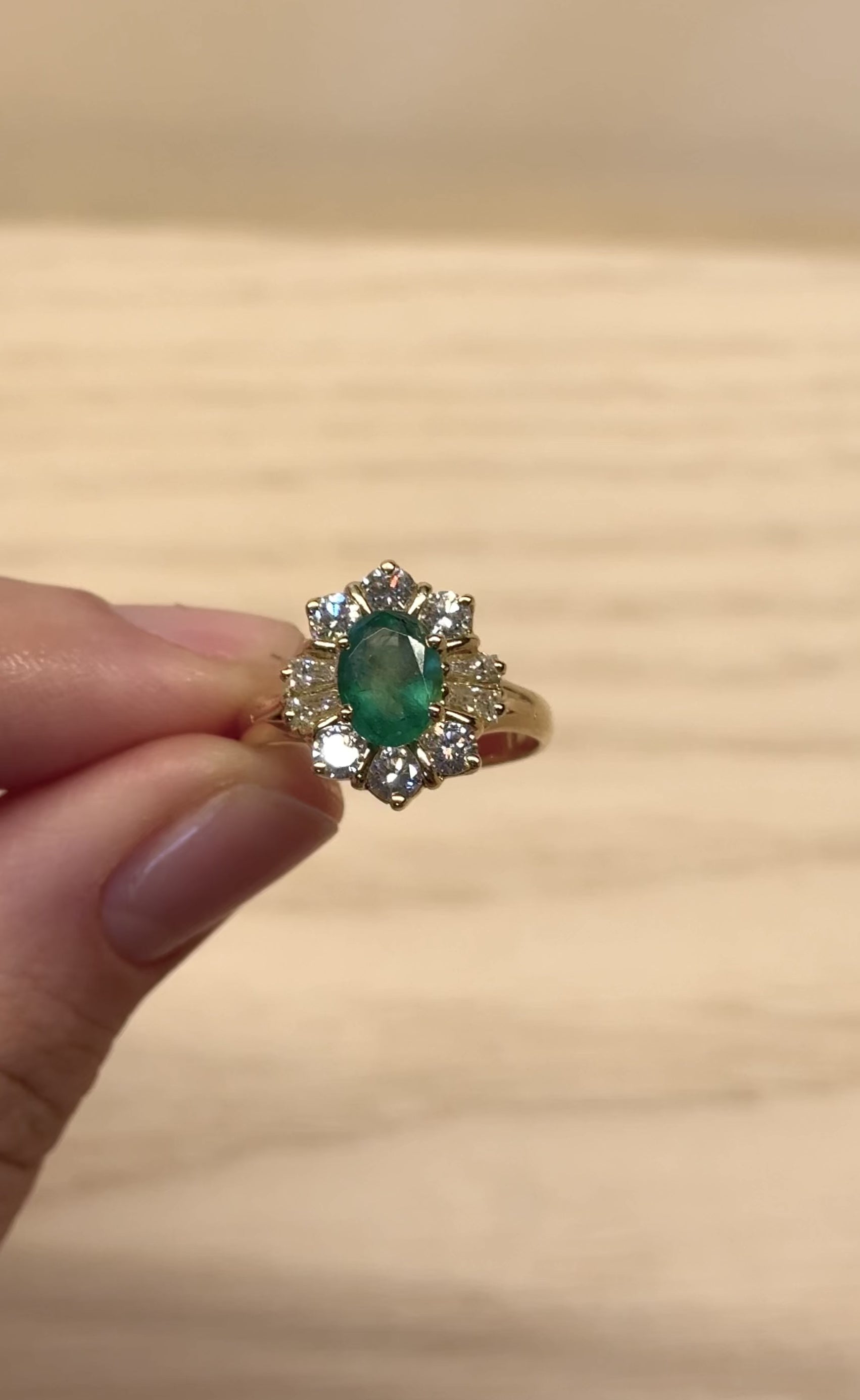Léonie - Vintage 18K Yellow Gold Oval Emerald & Diamond Cluster Ring